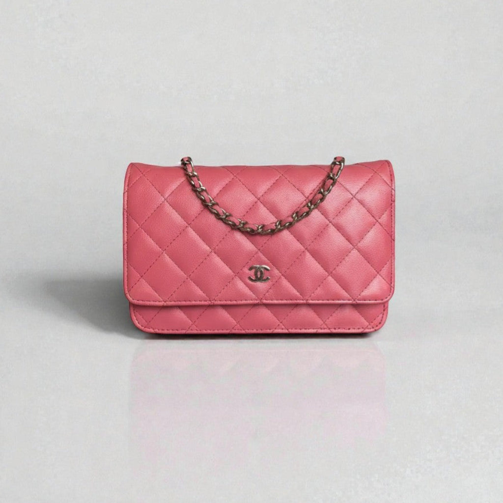 Chanel Lambskin Classic Wallet On Chain Pink Silver Hardware