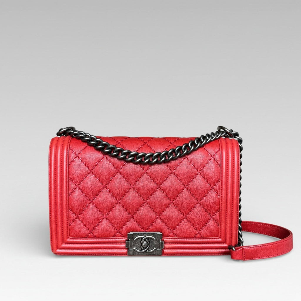 2015-2016 Chanel Large Boy Bag Red Quilted Leather Antique Silver Hardware