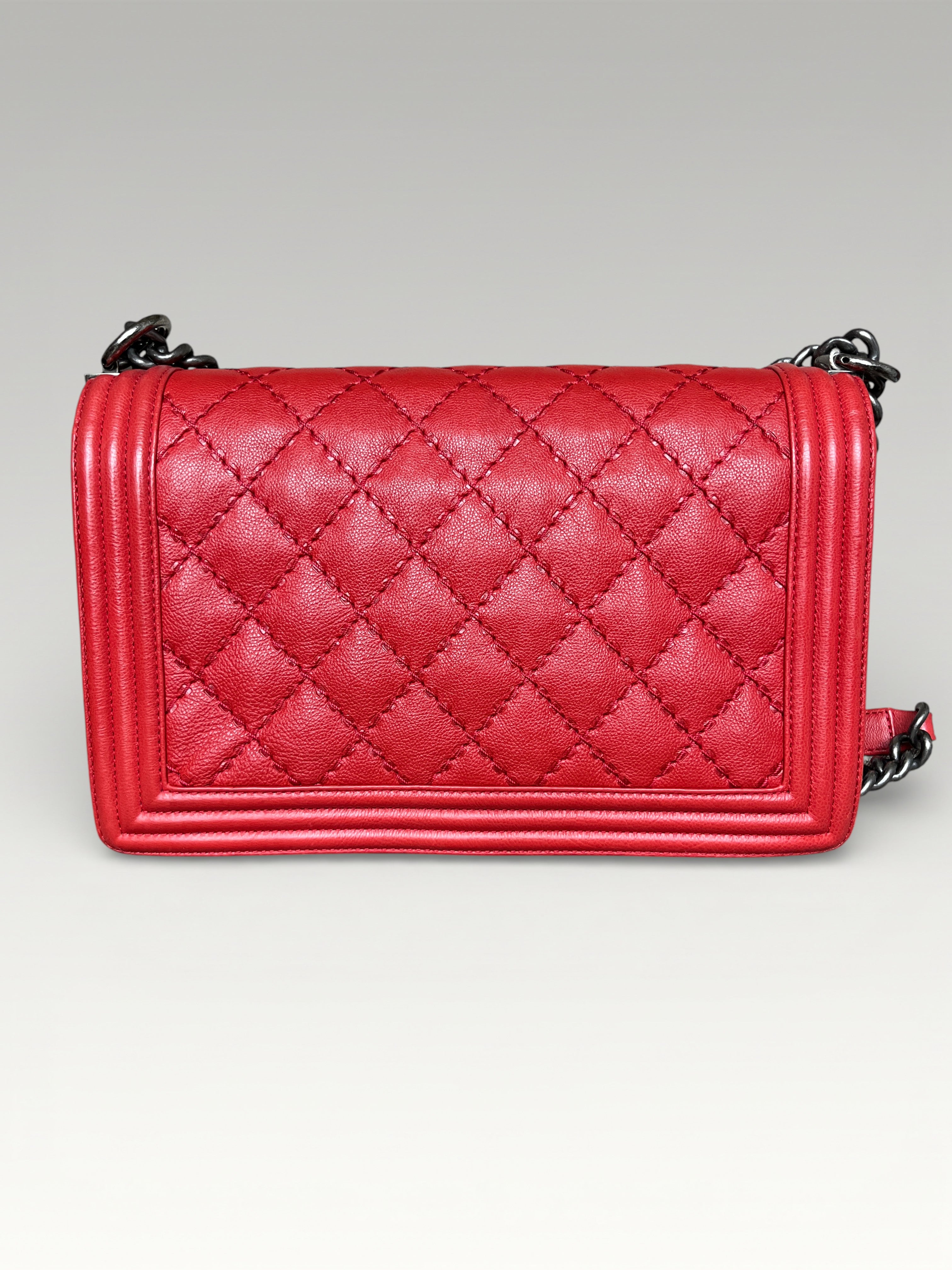 2015-2016 Chanel Large Boy Bag Red Quilted Leather Antique Silver Hardware