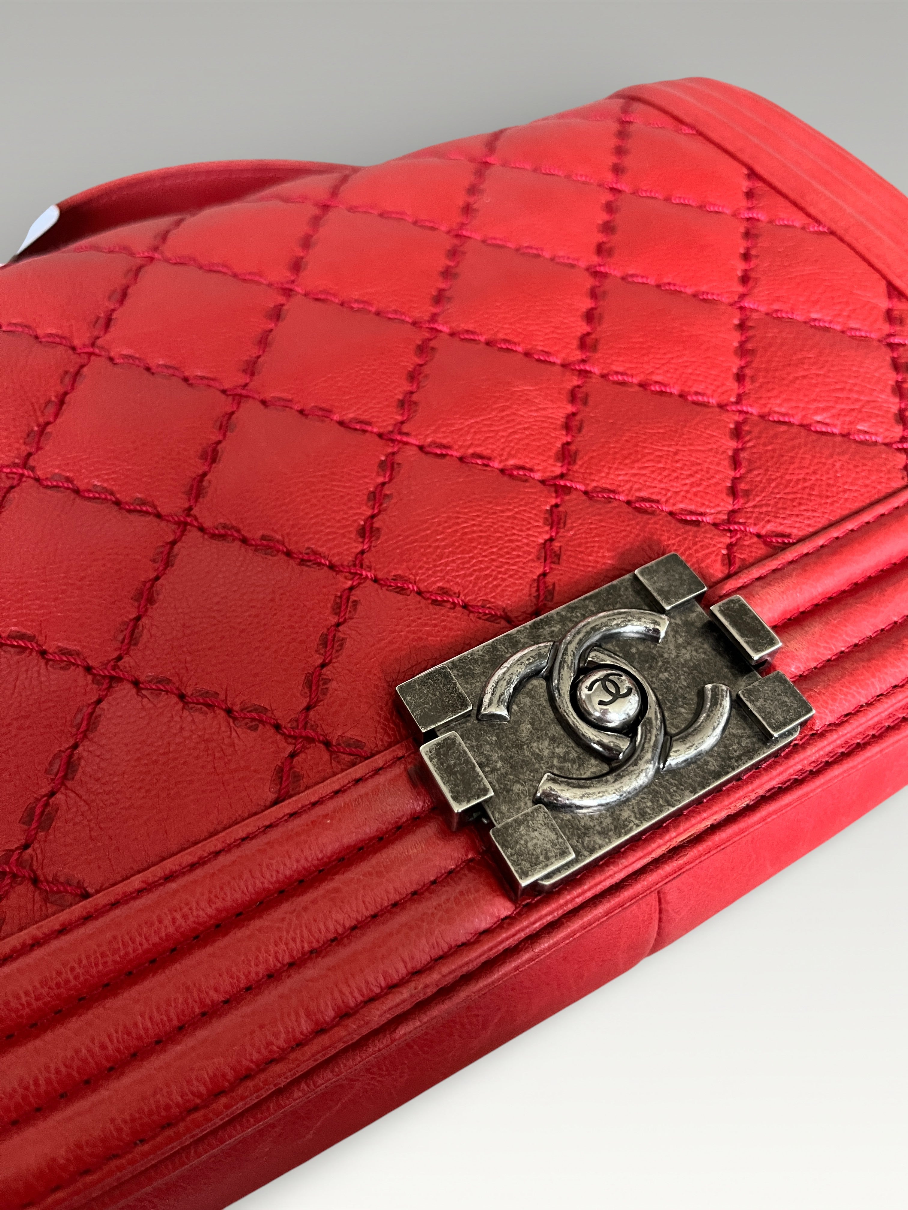 2015-2016 Chanel Large Boy Bag Red Quilted Leather Antique Silver Hardware