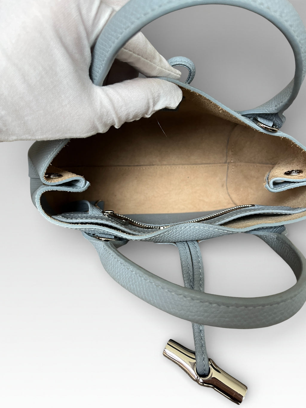 Longchamp Roseau S Grey Blue Bag In Pebbled Leather