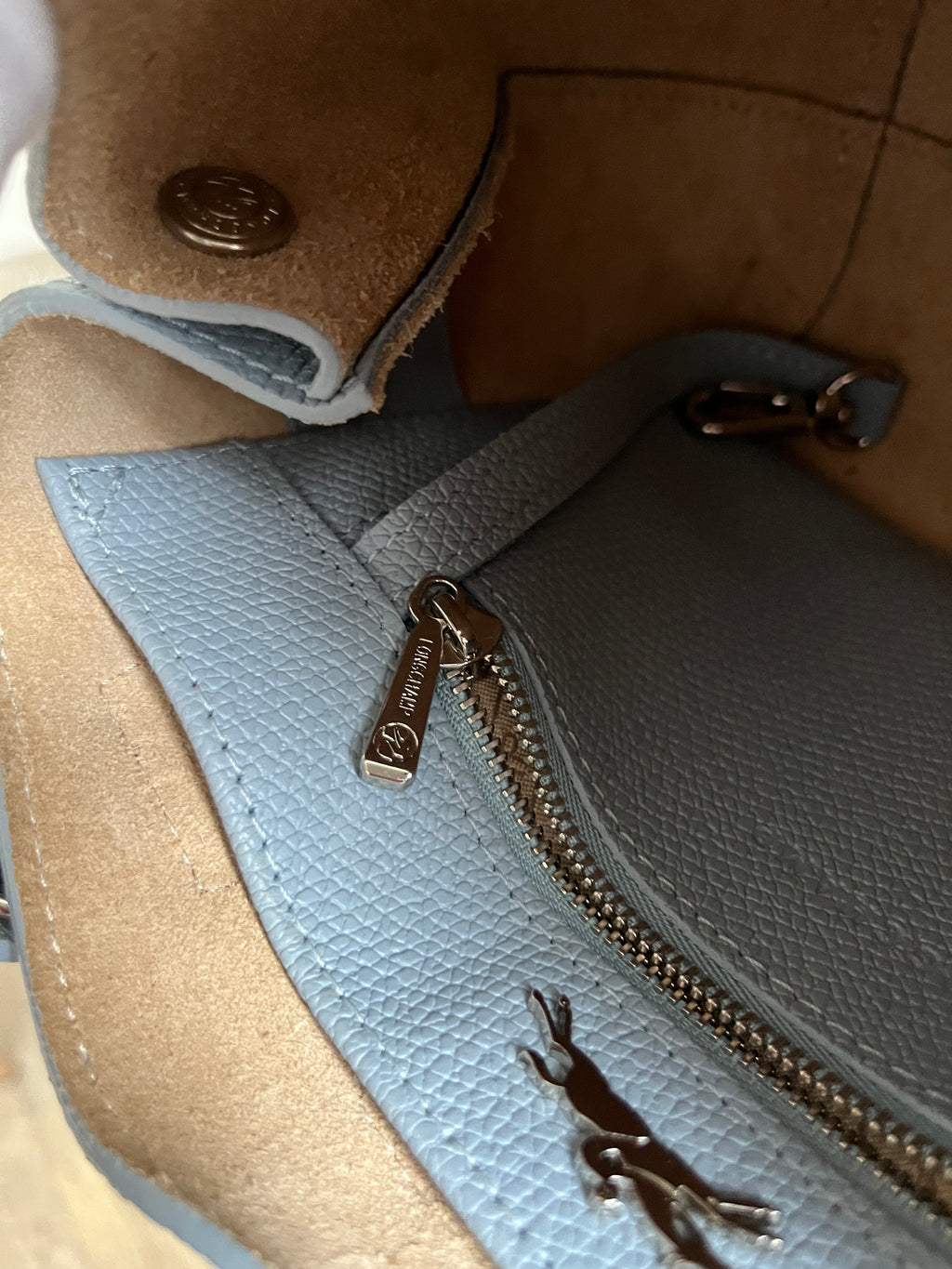 Longchamp Roseau S Grey Blue Bag In Pebbled Leather