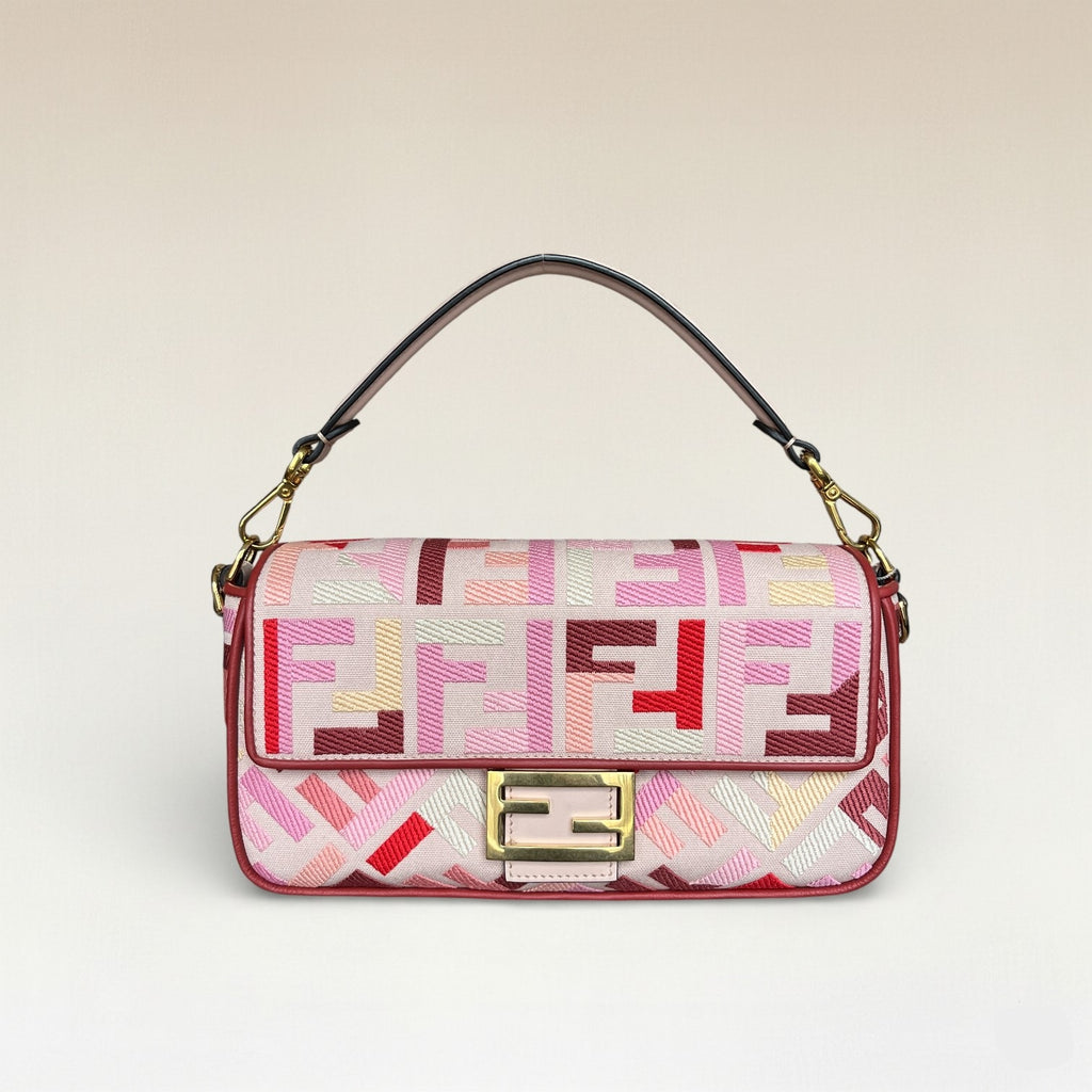 Fendi Zucca Baguette Canvas Bag With Pink Monogram Embroidery
