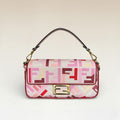Fendi Zucca Baguette Canvas Bag With Pink Monogram Embroidery