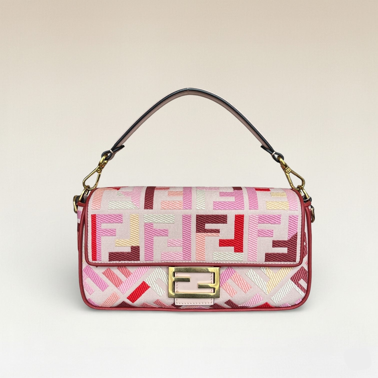 Fendi Zucca Baguette Canvas Bag With Pink Monogram Embroidery
