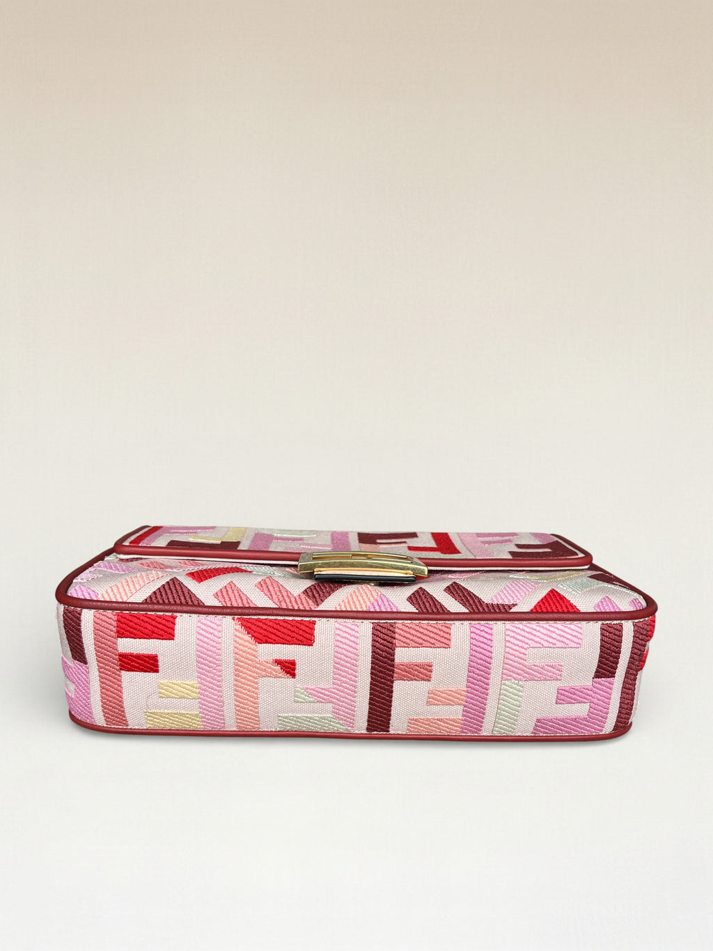 Fendi Zucca Baguette Canvas Bag With Pink Monogram Embroidery