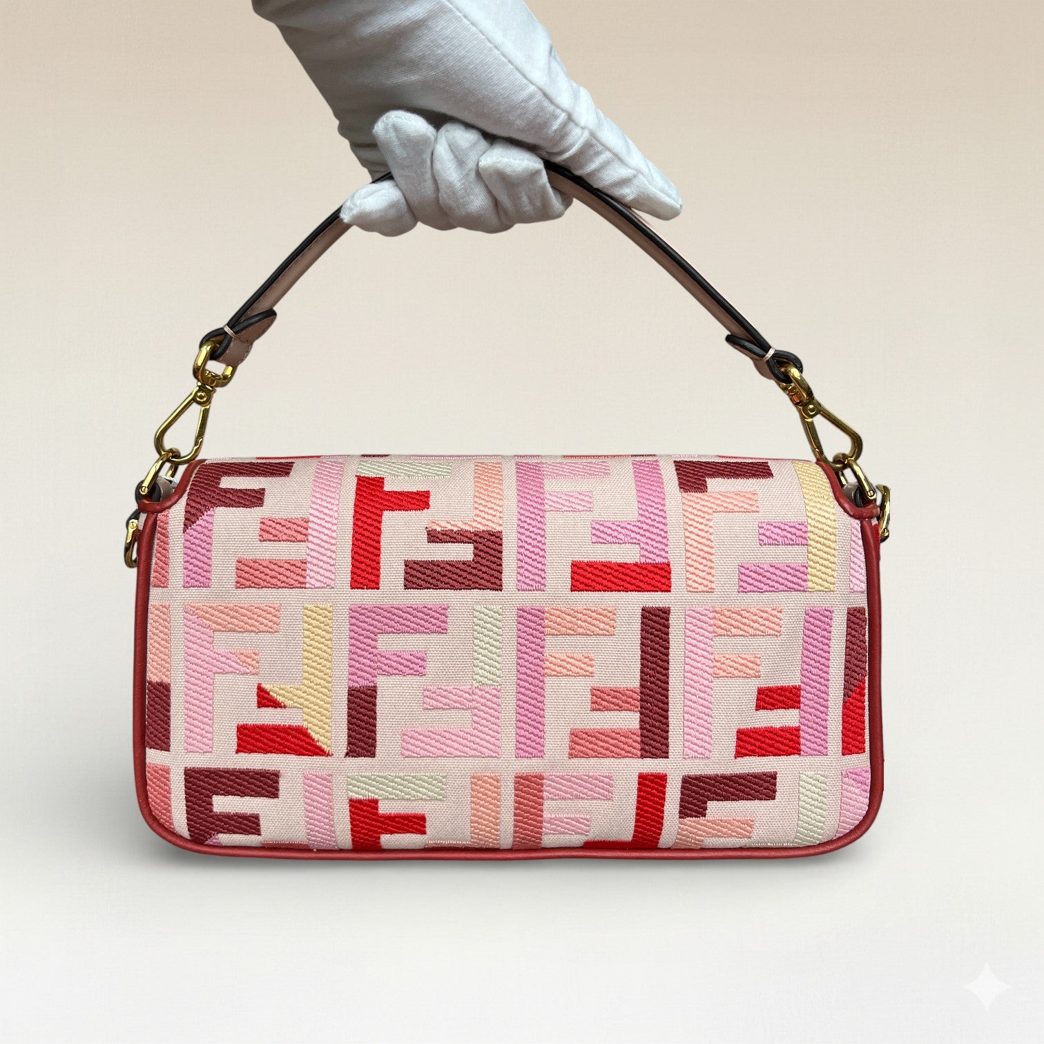Fendi Zucca Baguette Canvas Bag With Pink Monogram Embroidery