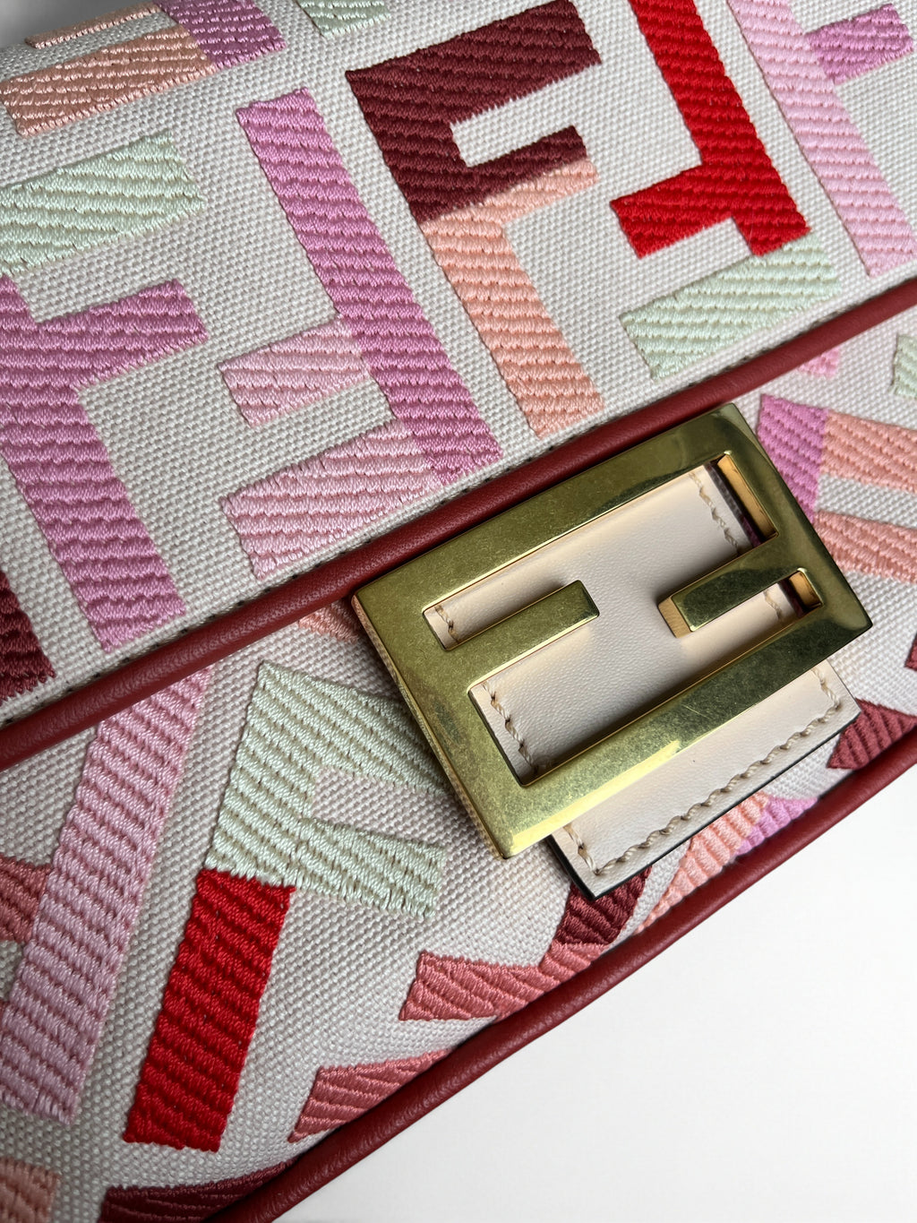 Fendi Zucca Baguette Canvas Bag With Pink Monogram Embroidery