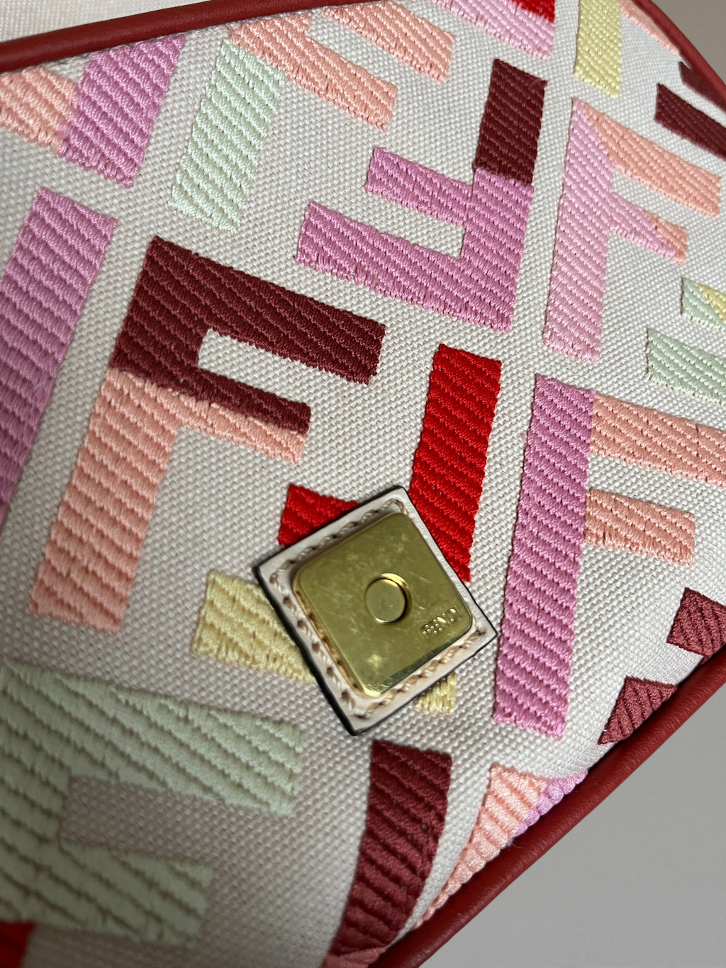Fendi Zucca Baguette Canvas Bag With Pink Monogram Embroidery