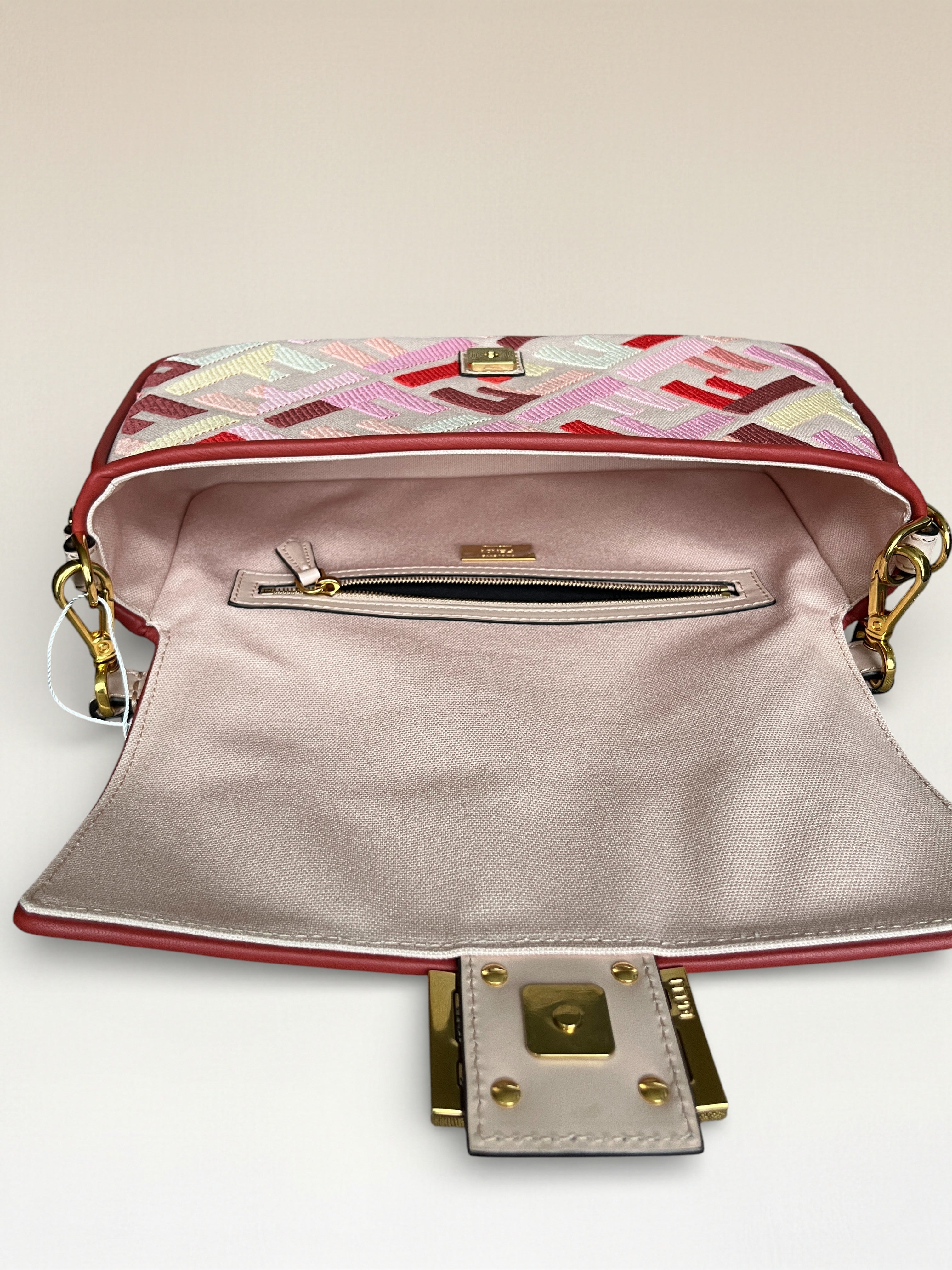 Fendi Zucca Baguette Canvas Bag With Pink Monogram Embroidery