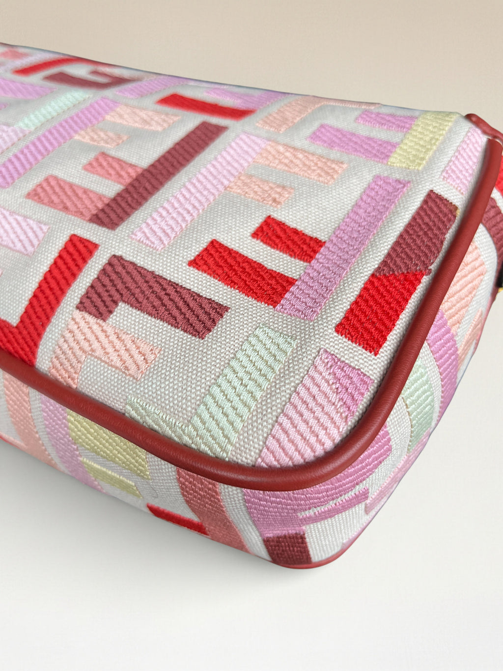 Fendi Zucca Baguette Canvas Bag With Pink Monogram Embroidery