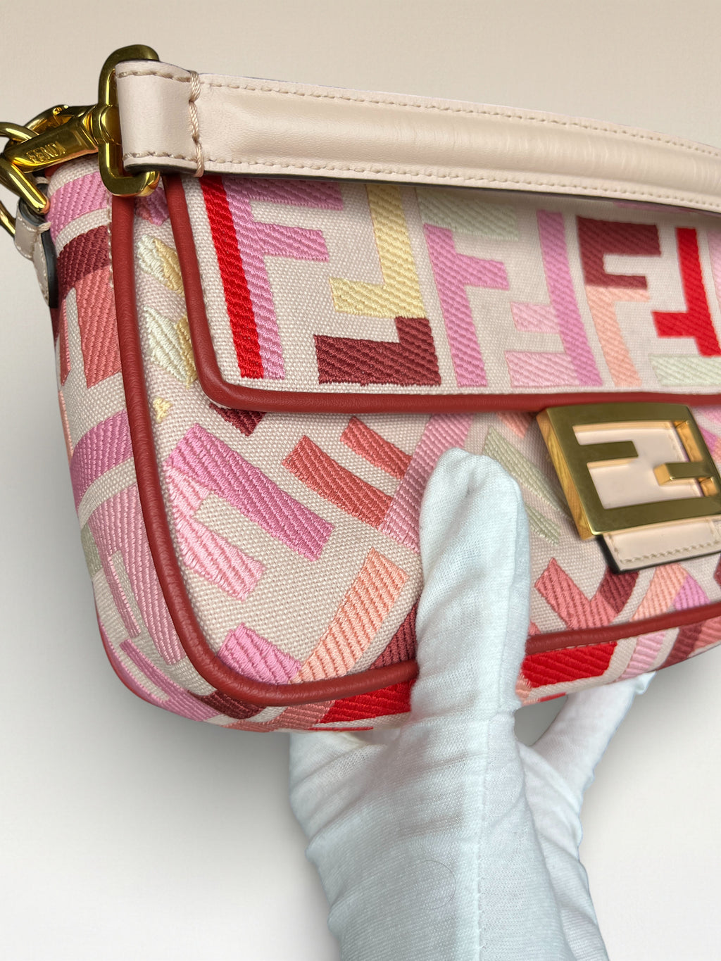 Fendi Zucca Baguette Canvas Bag With Pink Monogram Embroidery