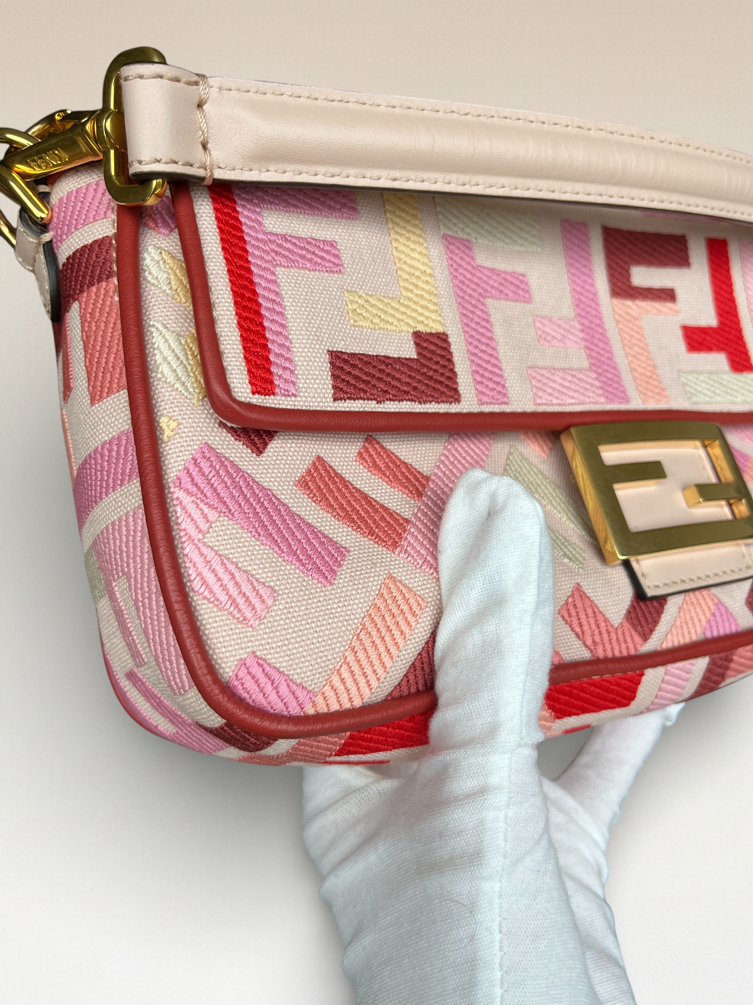 Fendi Zucca Baguette Canvas Bag With Pink Monogram Embroidery