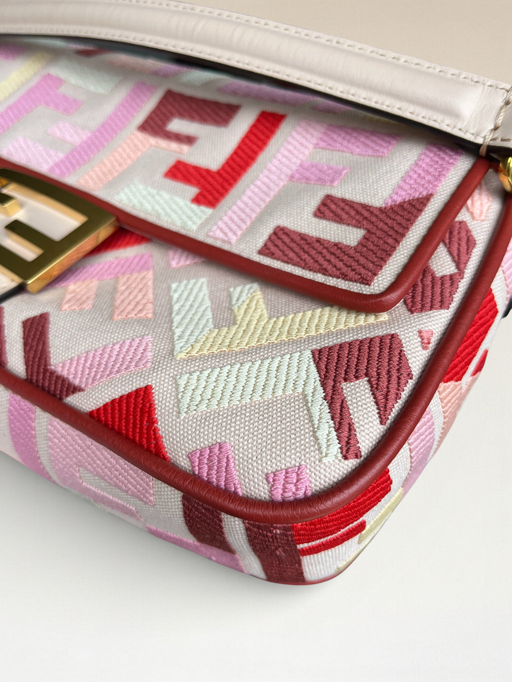 Fendi Zucca Baguette Canvas Bag With Pink Monogram Embroidery