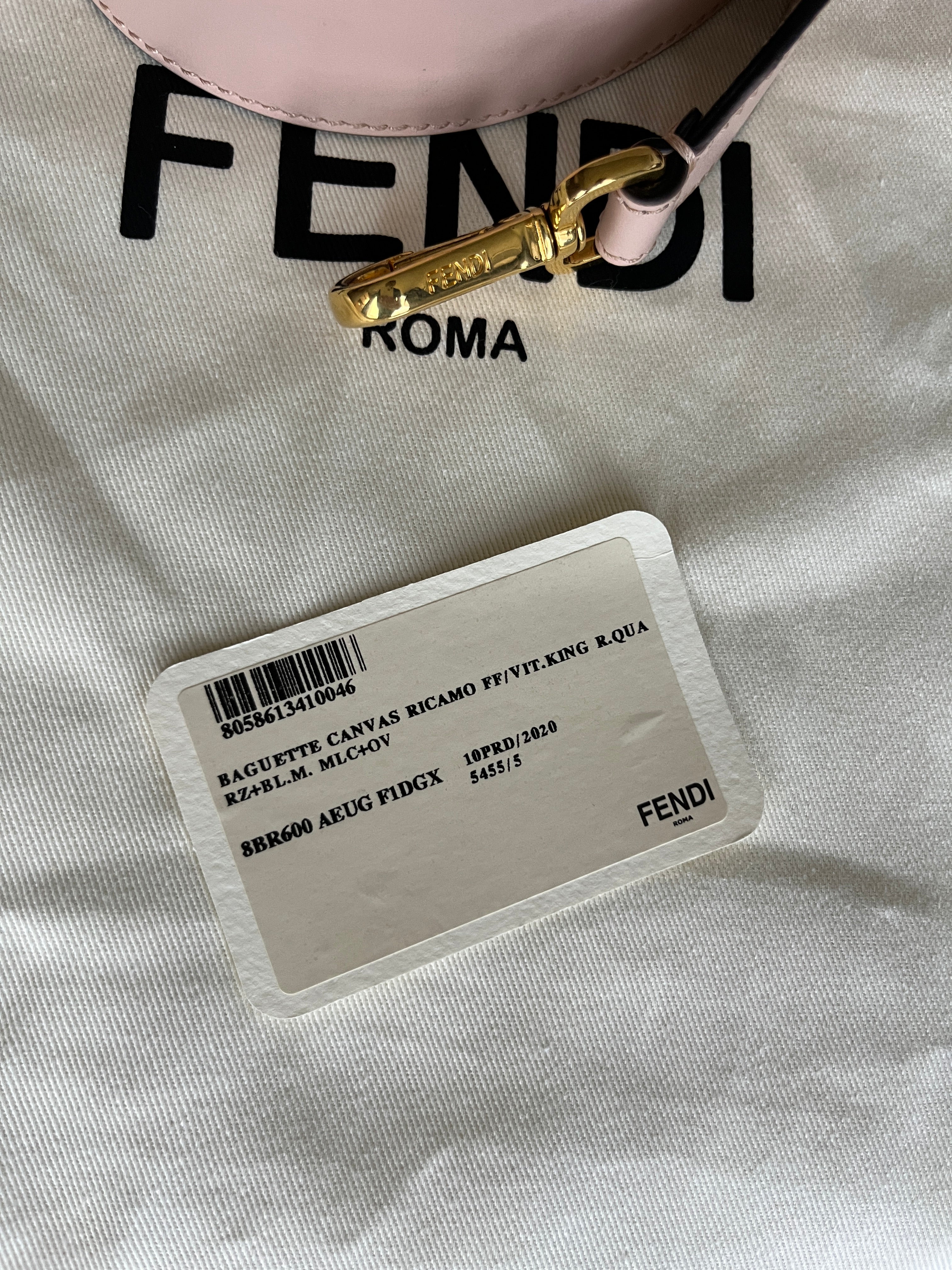 Fendi Zucca Baguette Canvas Bag With Pink Monogram Embroidery