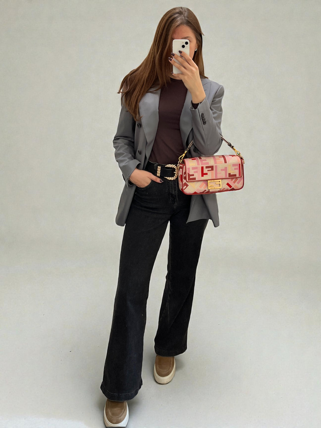 Fendi Zucca Baguette Canvas Bag With Pink Monogram Embroidery