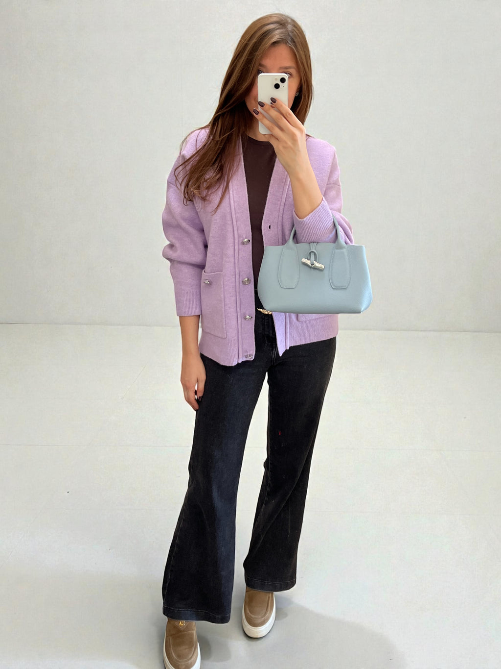 Longchamp Roseau S Grey Blue Bag In Pebbled Leather