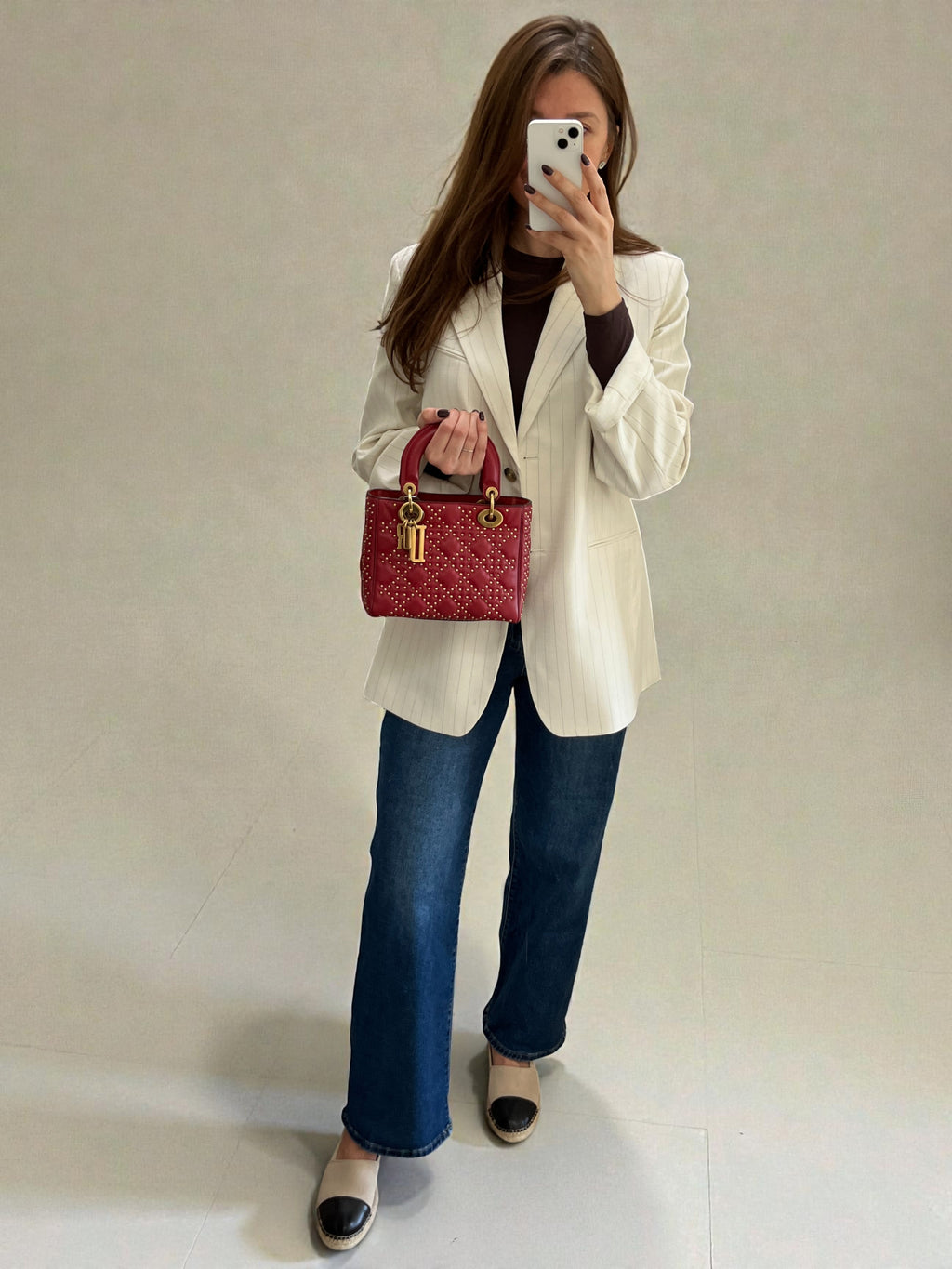 Dior Lady Dior Mini Bag With Metal Studs Burgundy Leather