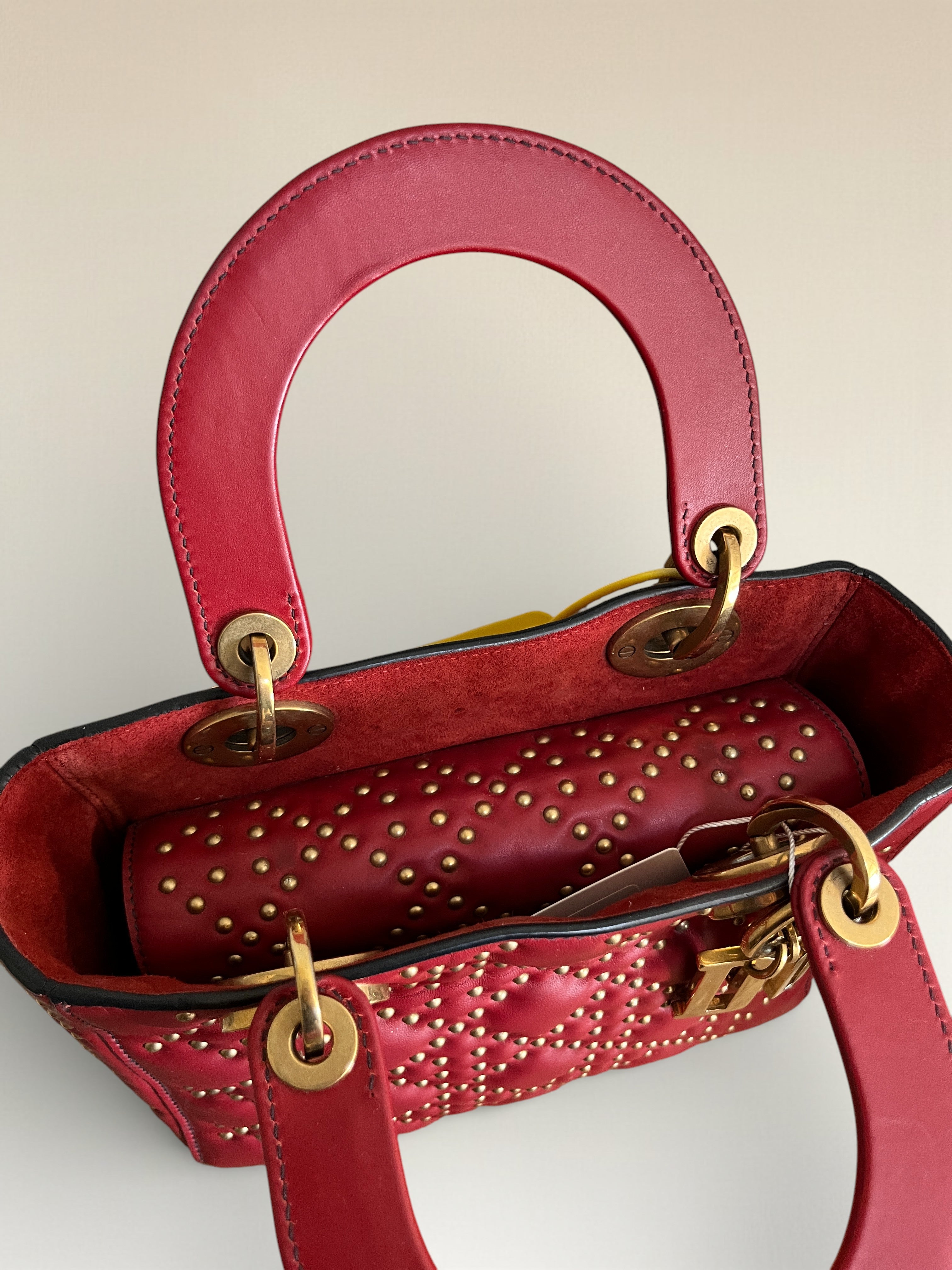 Dior Lady Dior Mini Bag With Metal Studs Burgundy Leather