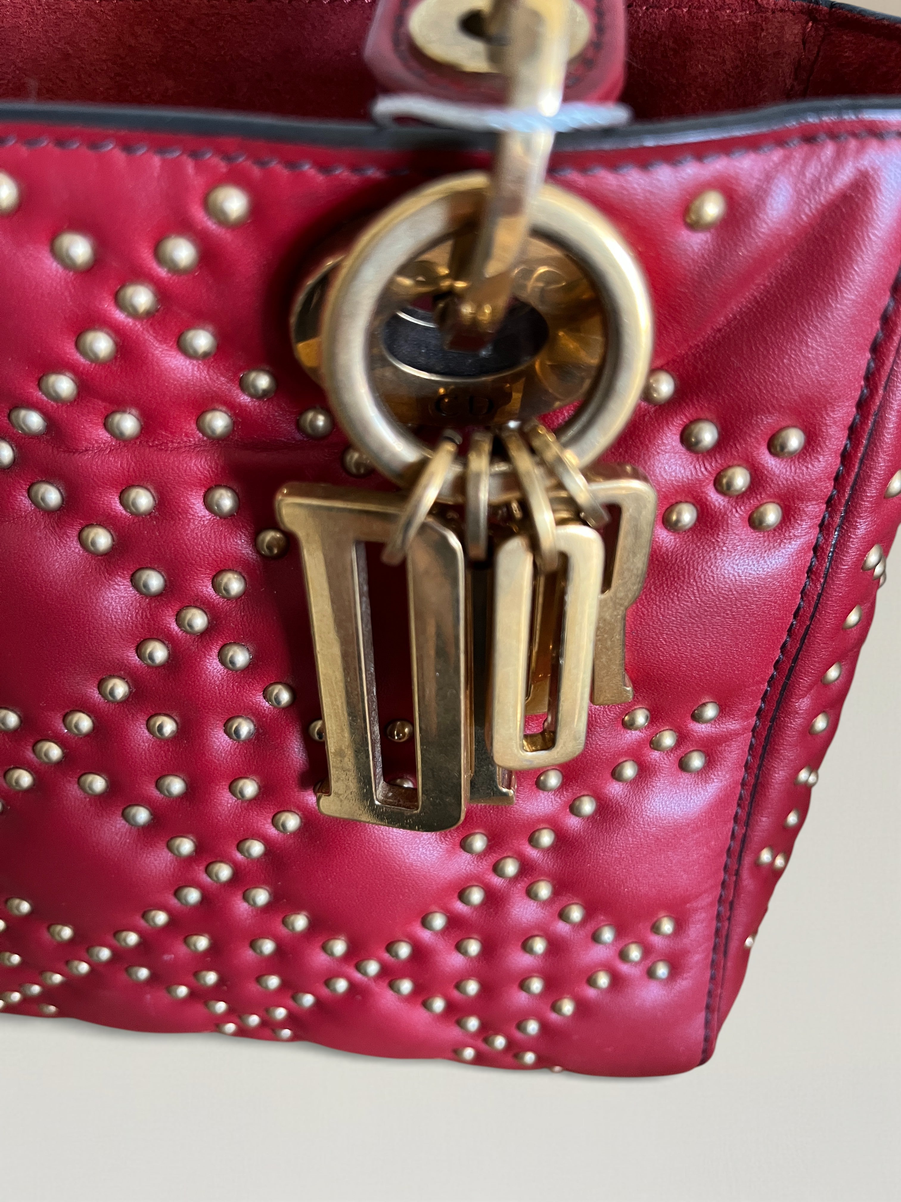Dior Lady Dior Mini Bag With Metal Studs Burgundy Leather