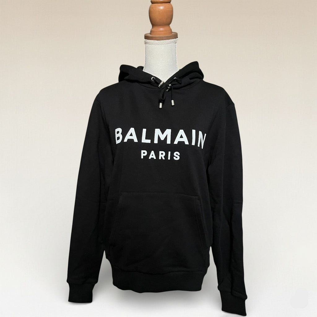 Balmain Black Cotton Logo Hoodie With Kangaroo pocket