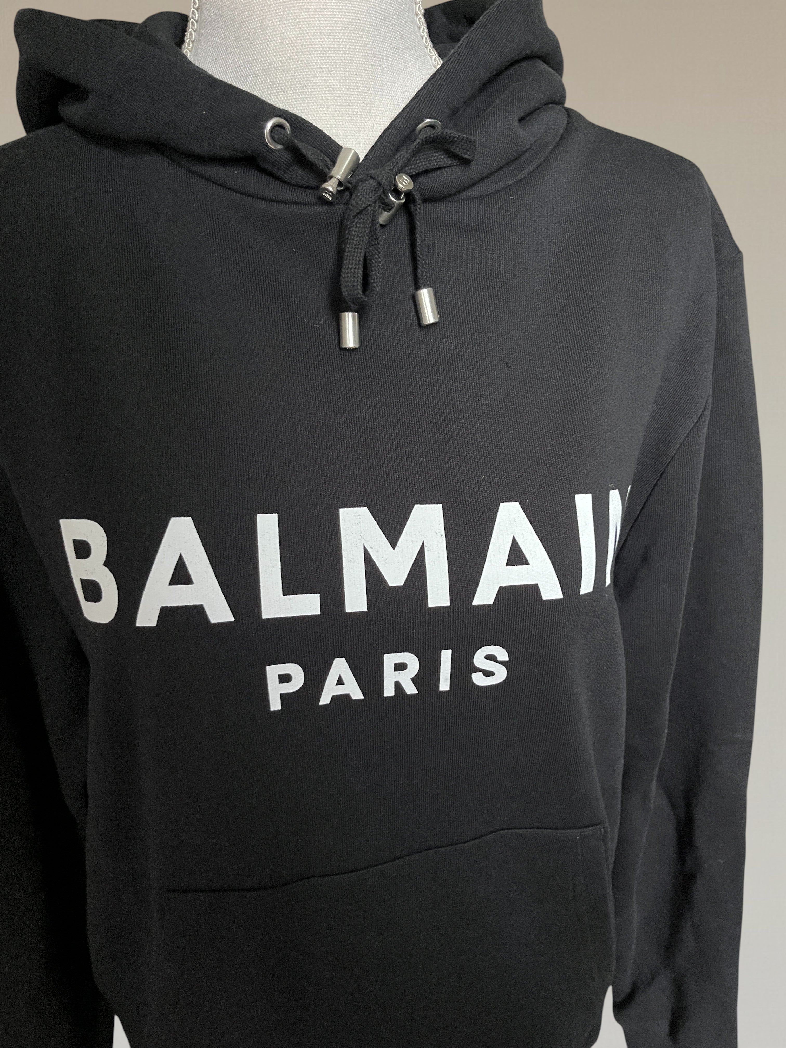 Balmain Black Cotton Logo Hoodie With Kangaroo pocket