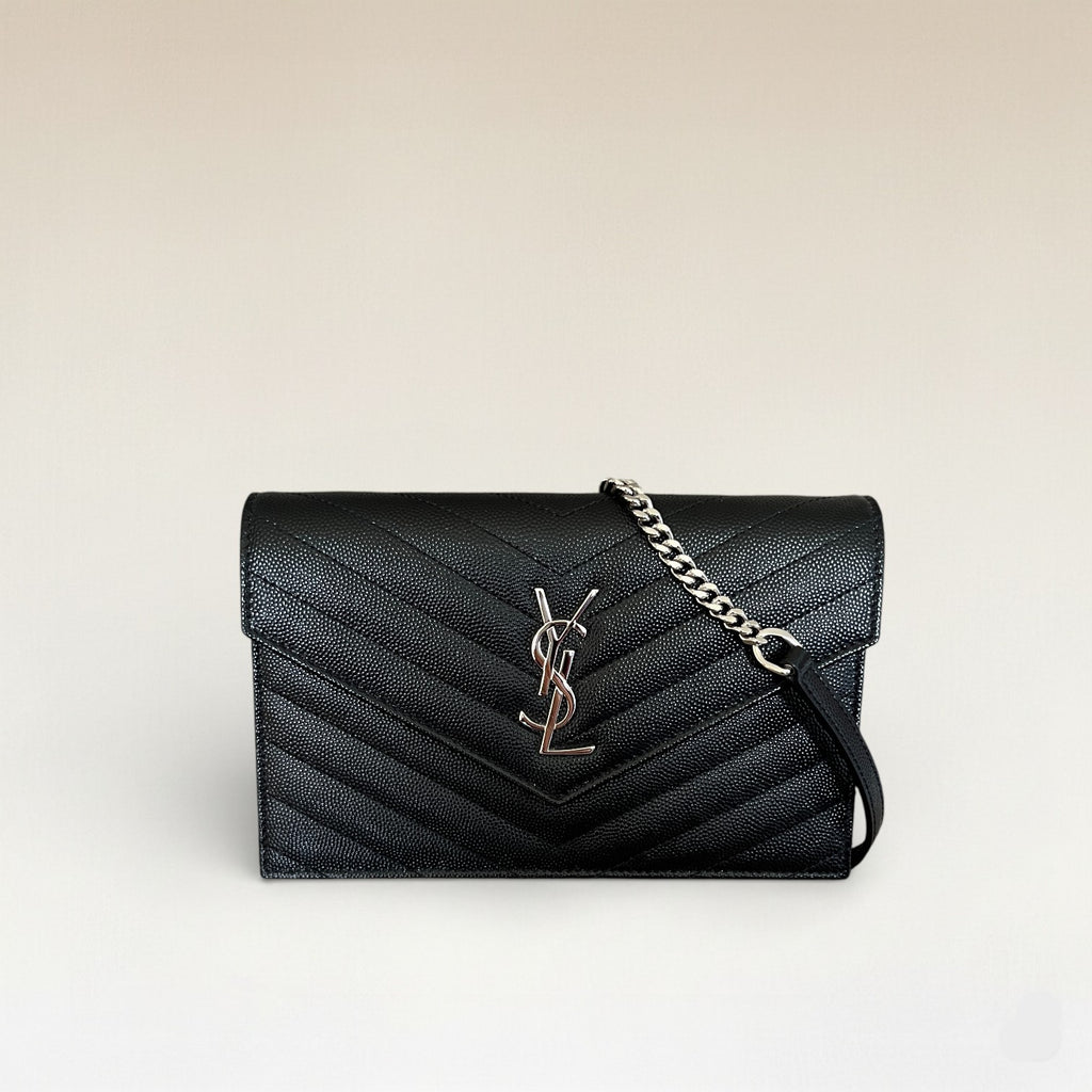 Saint Laurent YSL Logo Cassandre Matelassé Envelope Leather Wallet On Chain Black