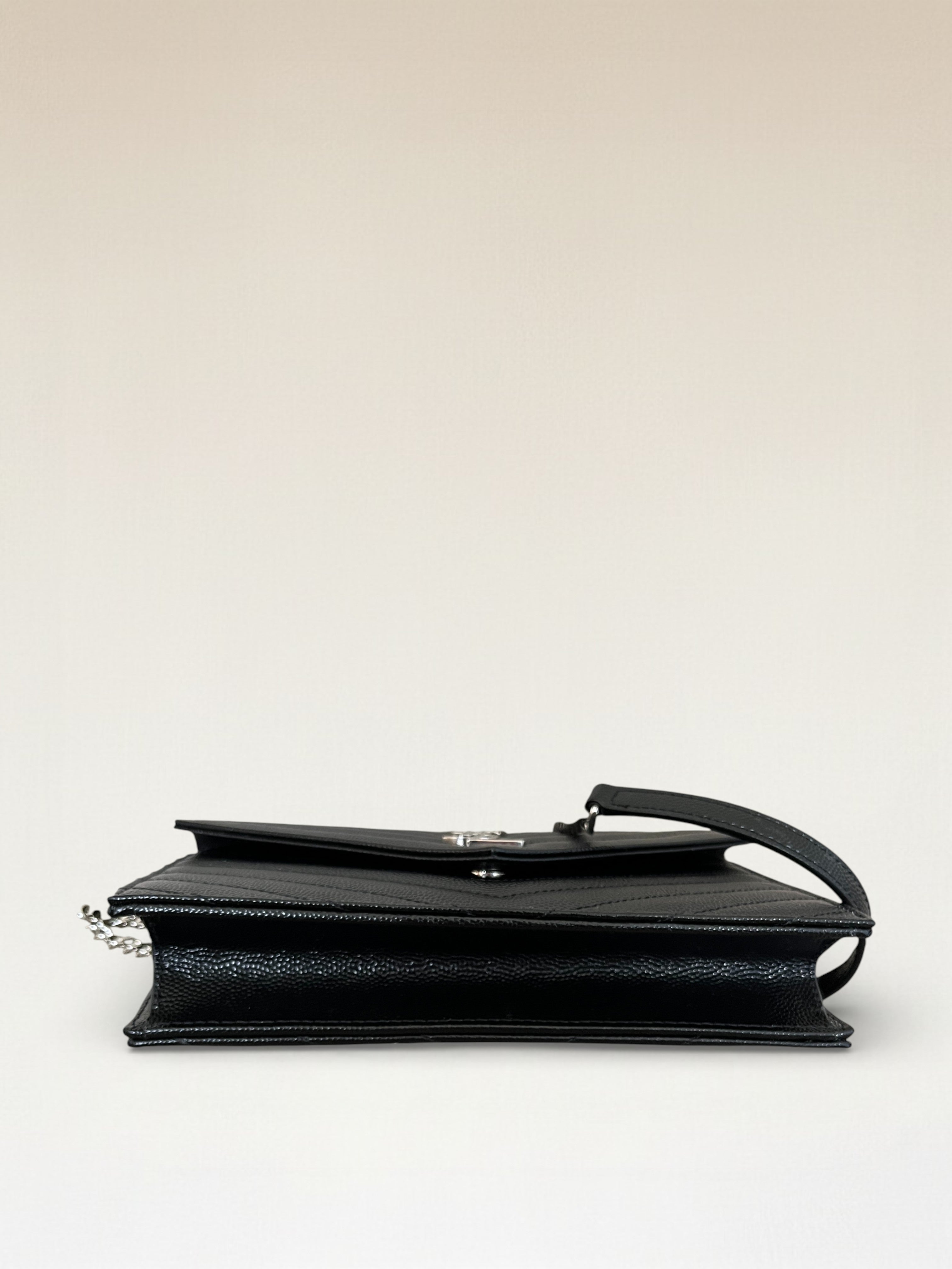 Saint Laurent YSL Logo Cassandre Matelassé Envelope Leather Wallet On Chain Black