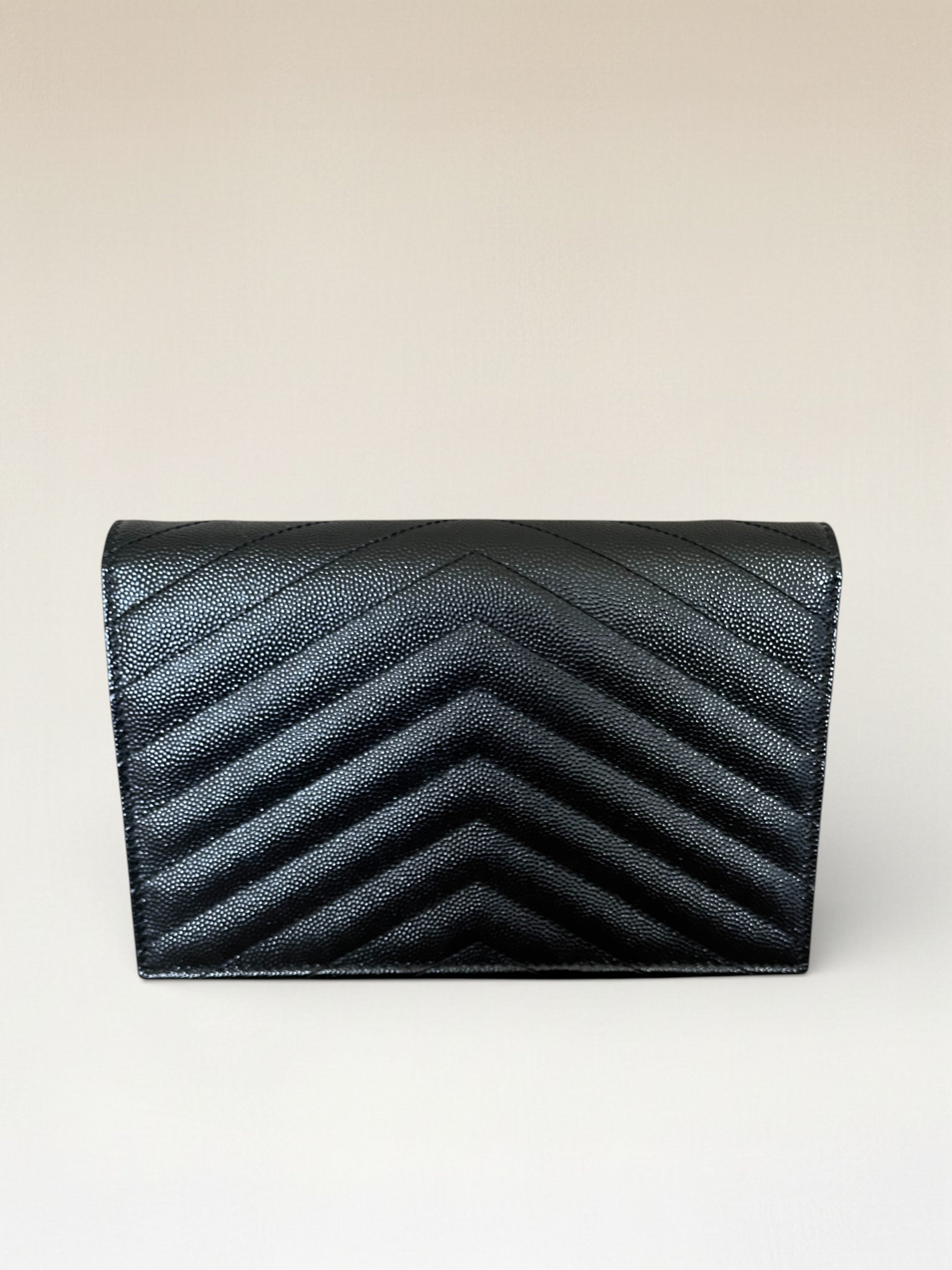 Saint Laurent YSL Logo Cassandre Matelassé Envelope Leather Wallet On Chain Black