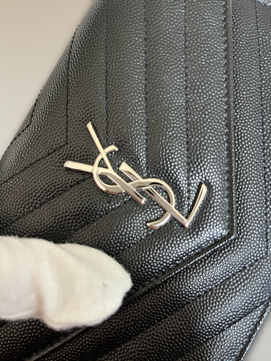 Saint Laurent YSL Logo Cassandre Matelassé Envelope Leather Wallet On Chain Black