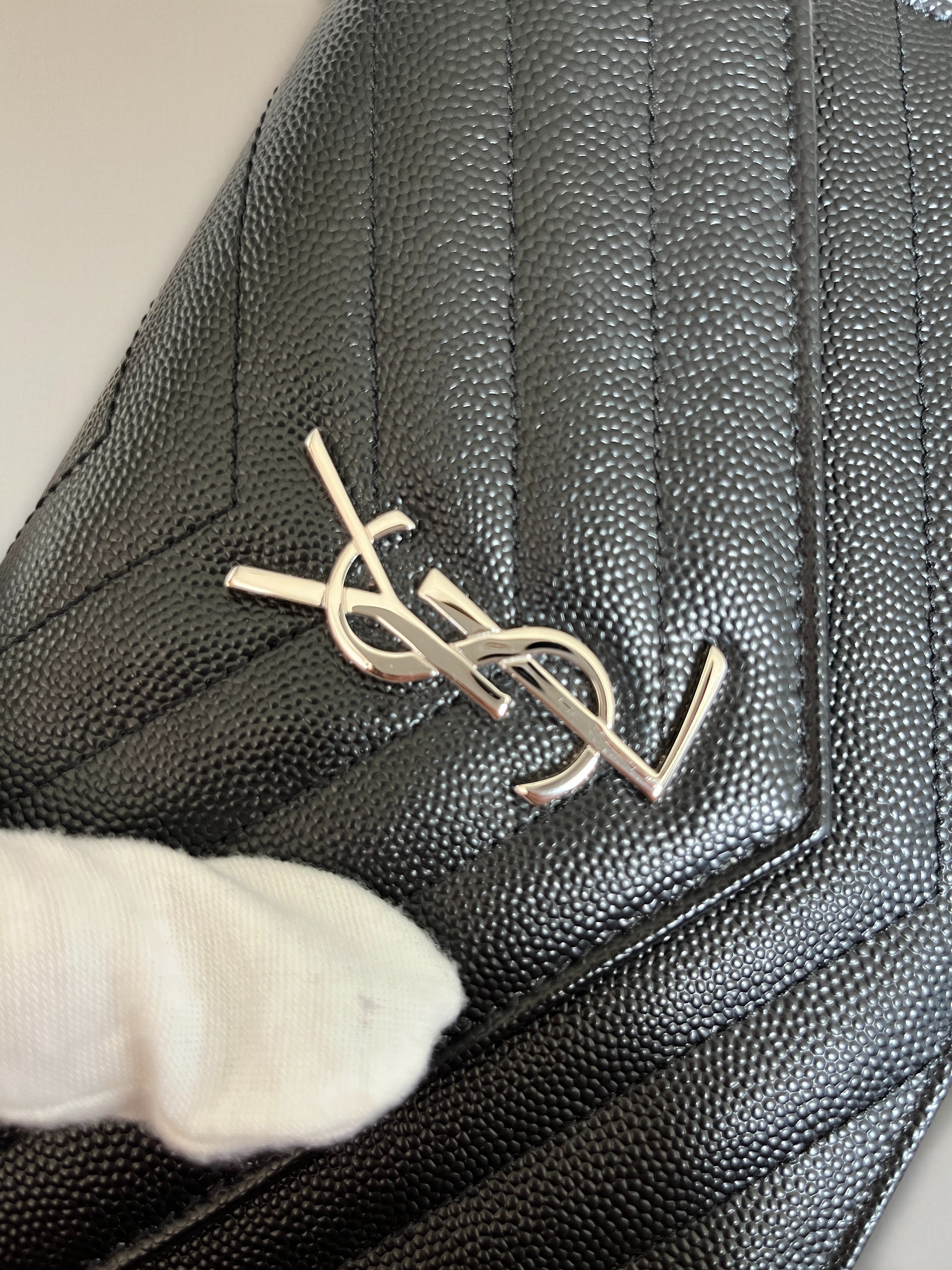 Saint Laurent YSL Logo Cassandre Matelassé Envelope Leather Wallet On Chain Black