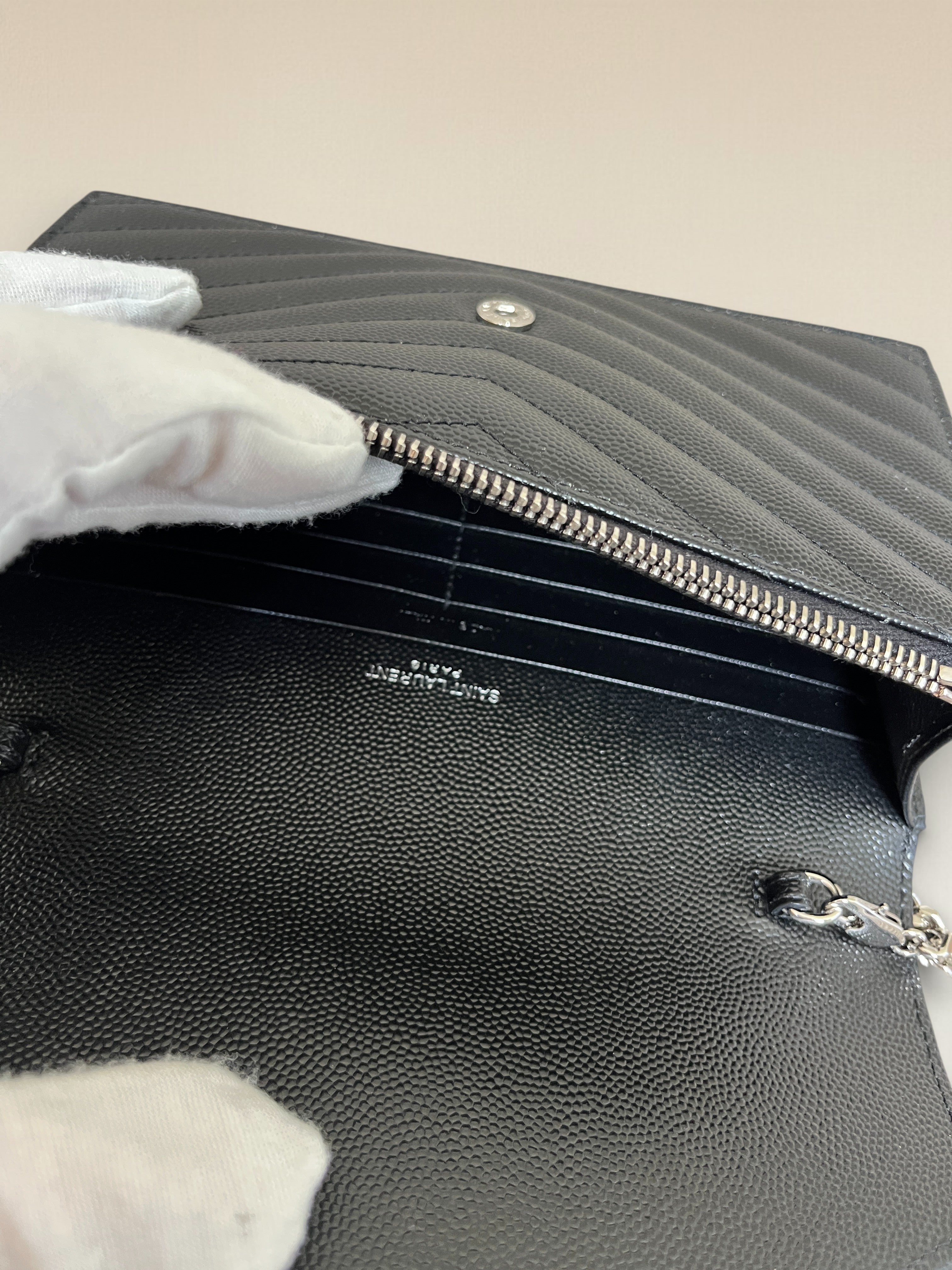 Saint Laurent YSL Logo Cassandre Matelassé Envelope Leather Wallet On Chain Black