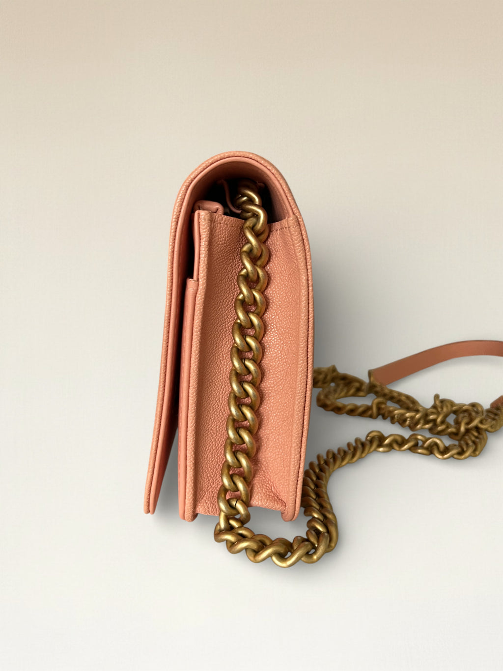 2019 Chanel Boy Matelasse Wallet On Chain Caviar Leather Peach Pink
