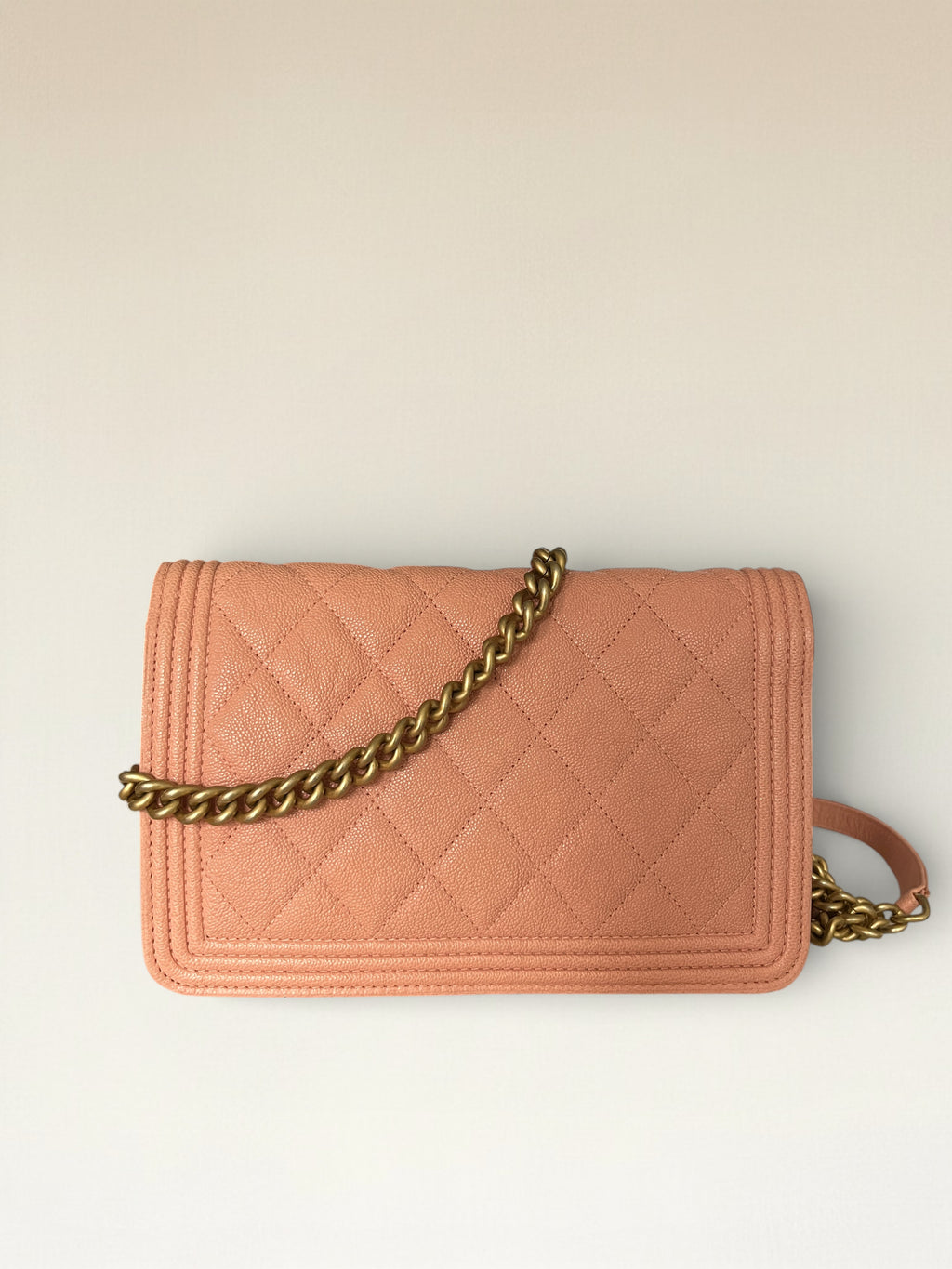 2019 Chanel Boy Matelasse Wallet On Chain Caviar Leather Peach Pink