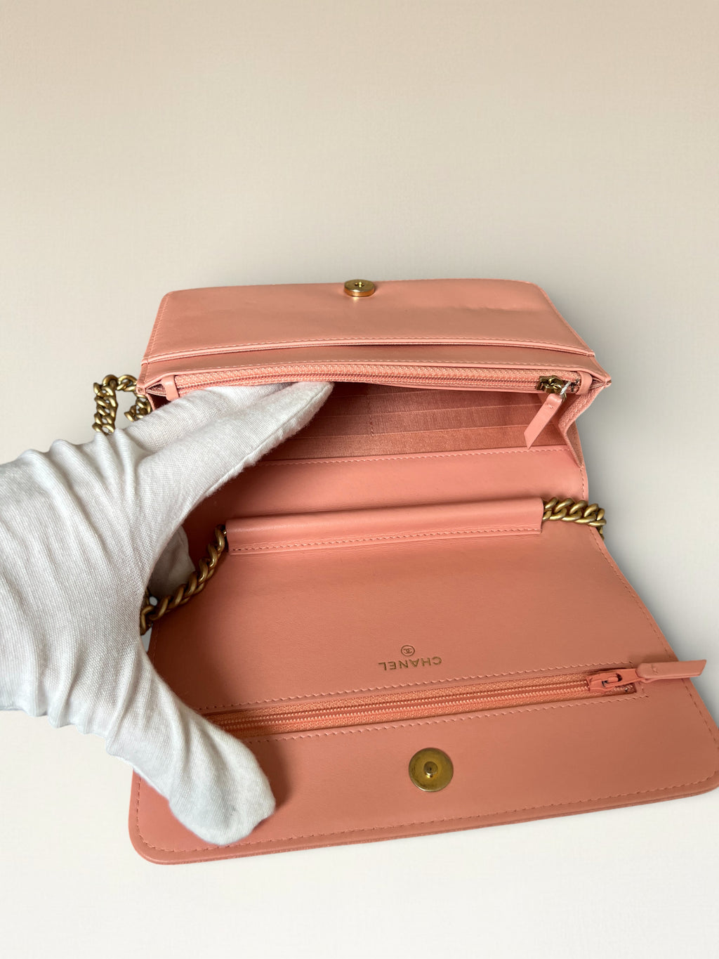 2019 Chanel Boy Matelasse Wallet On Chain Caviar Leather Peach Pink