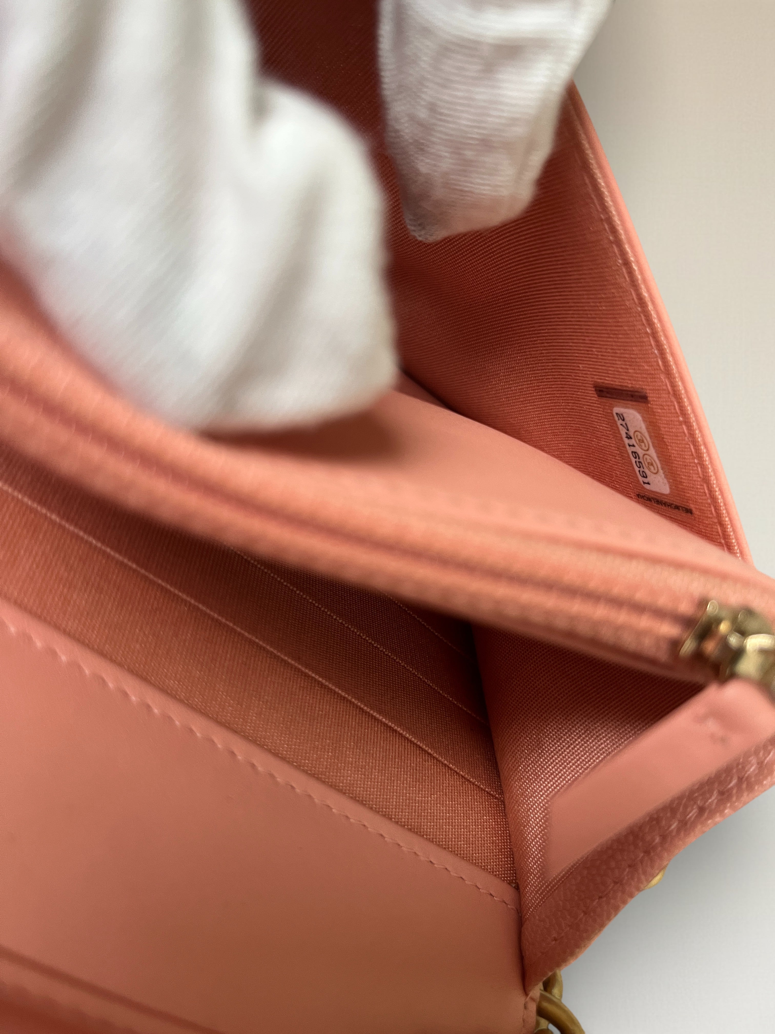 2019 Chanel Boy Matelasse Wallet On Chain Caviar Leather Peach Pink