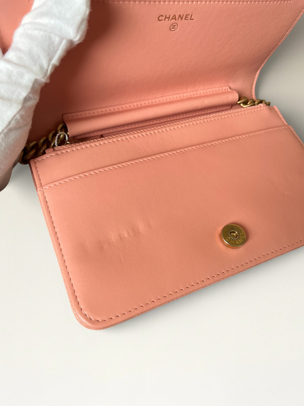 2019 Chanel Boy Matelasse Wallet On Chain Caviar Leather Peach Pink