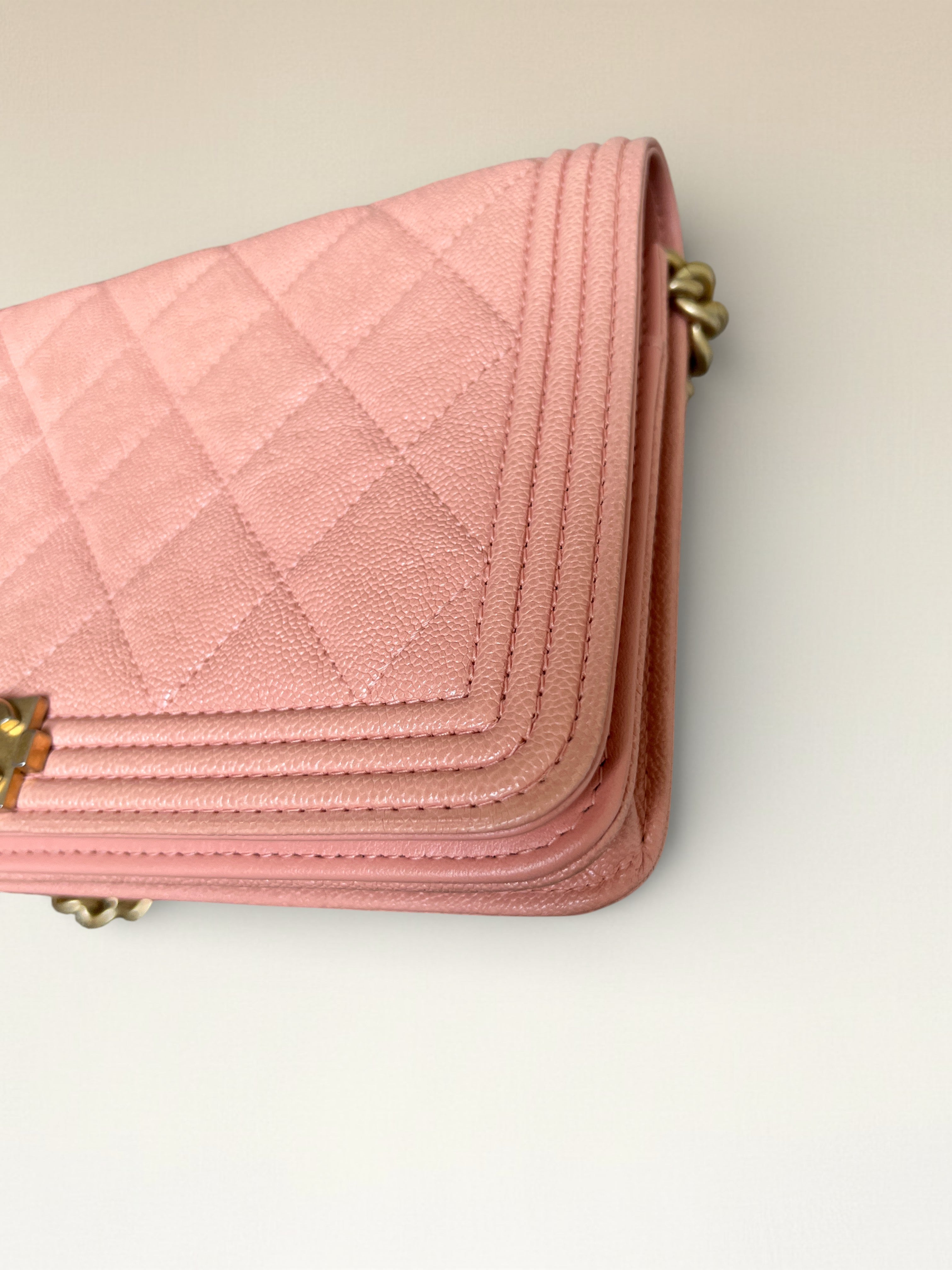 2019 Chanel Boy Matelasse Wallet On Chain Caviar Leather Peach Pink