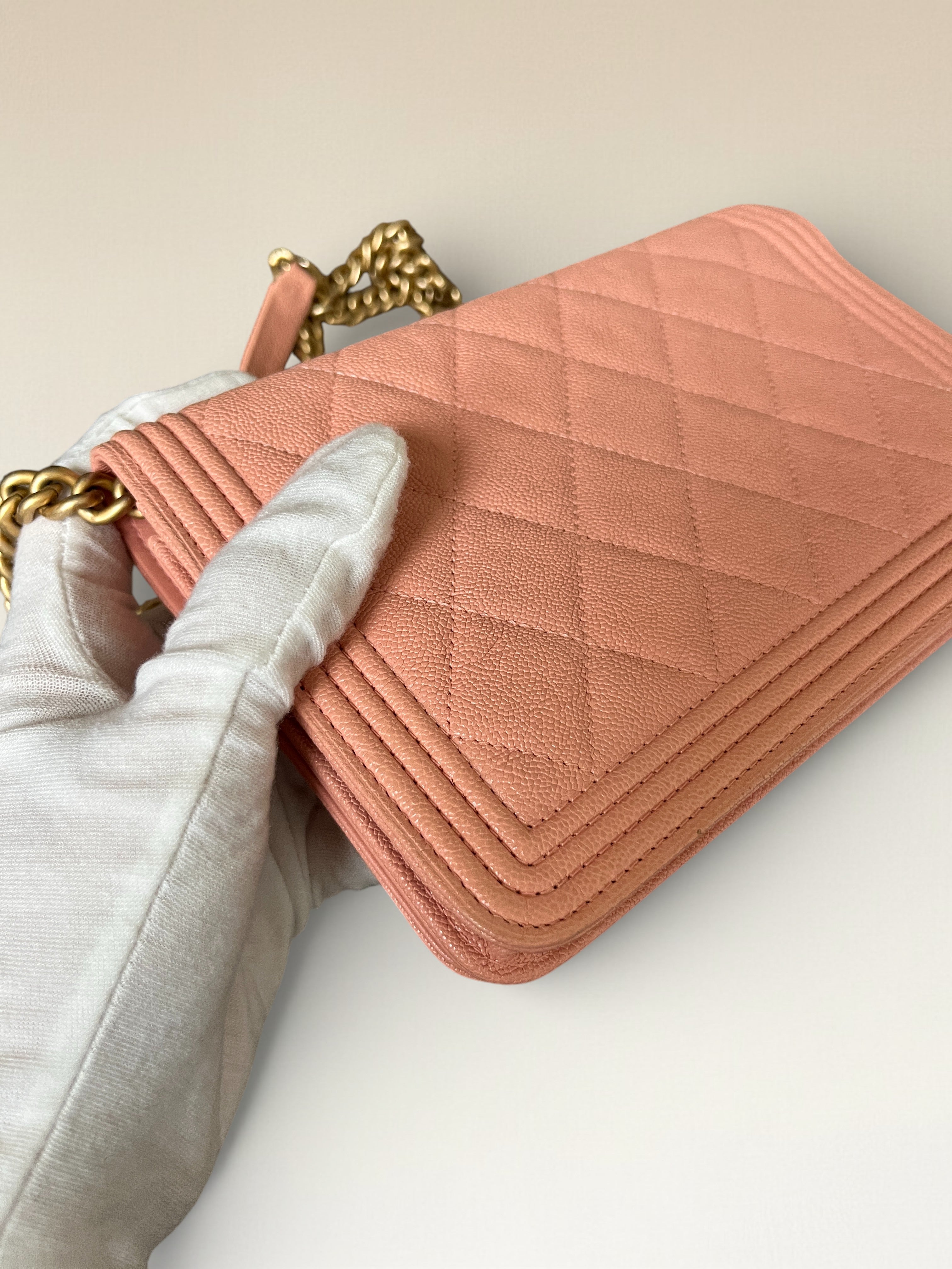 2019 Chanel Boy Matelasse Wallet On Chain Caviar Leather Peach Pink