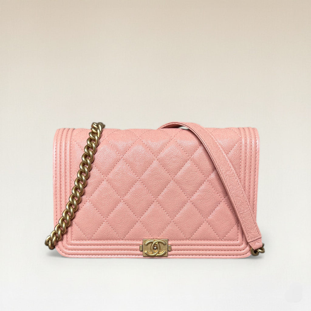 2019 Chanel Boy Matelasse Wallet On Chain Caviar Leather Peach Pink