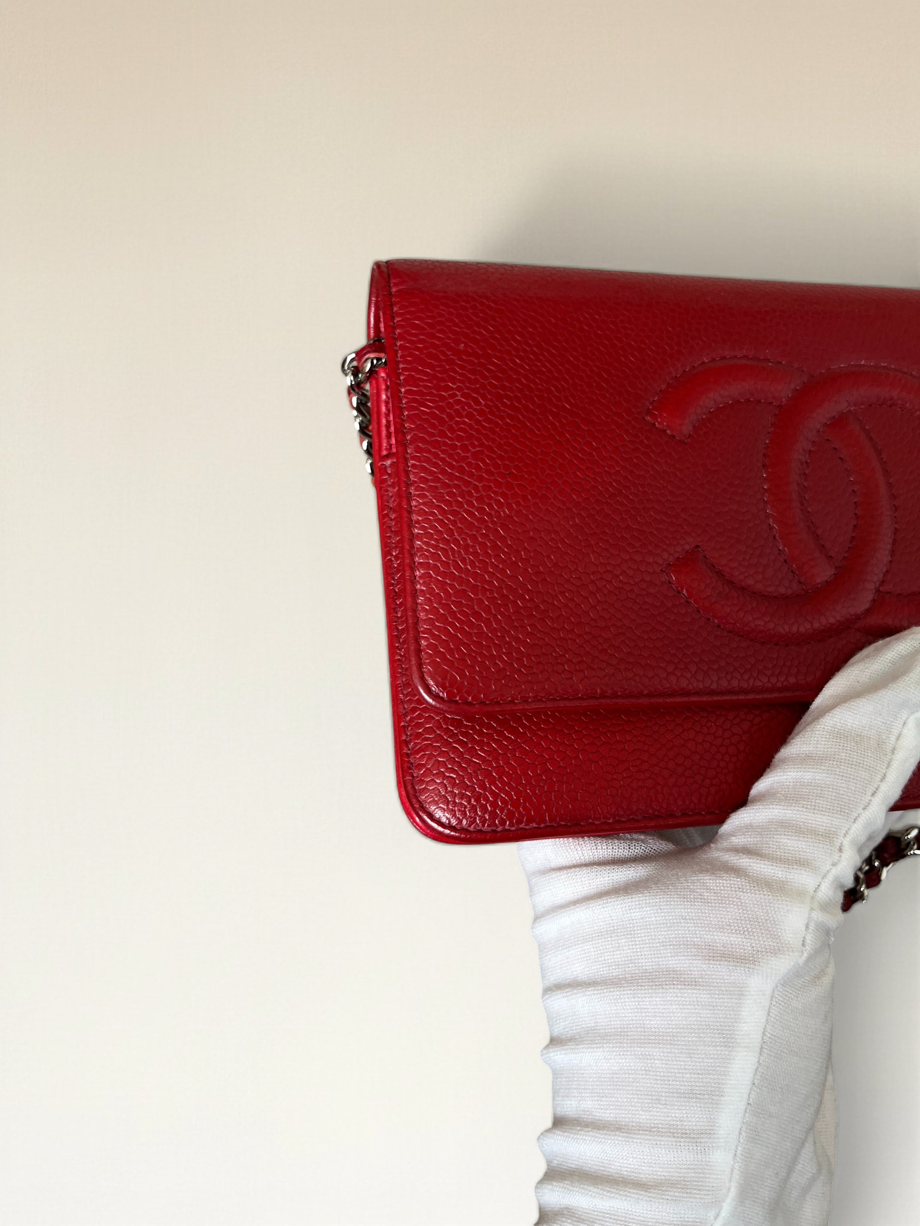 2012 Chanel Coco Mark Wallet On Chain In Red Caviar Leather