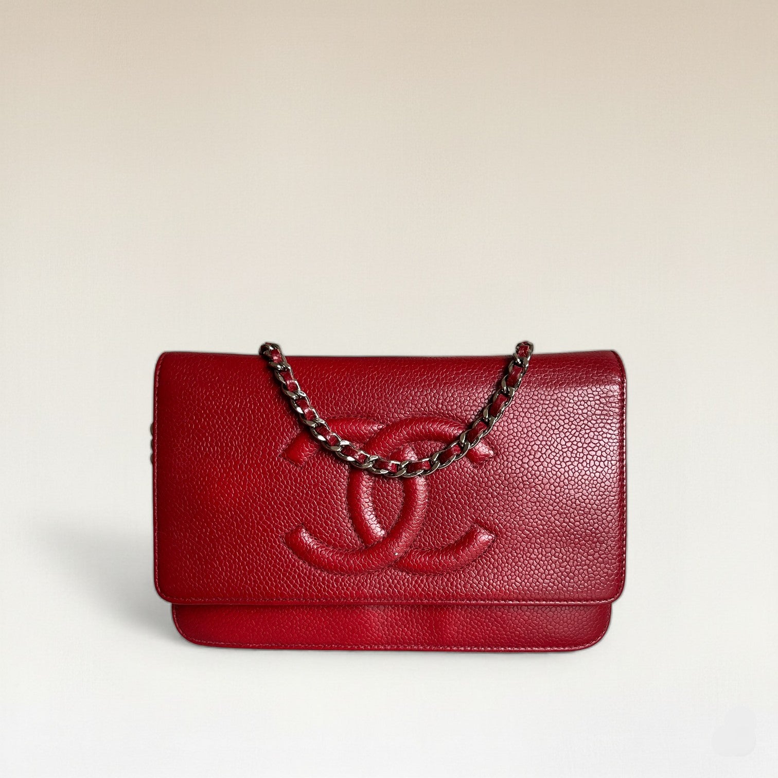 2012 Chanel Coco Mark Wallet On Chain In Red Caviar Leather