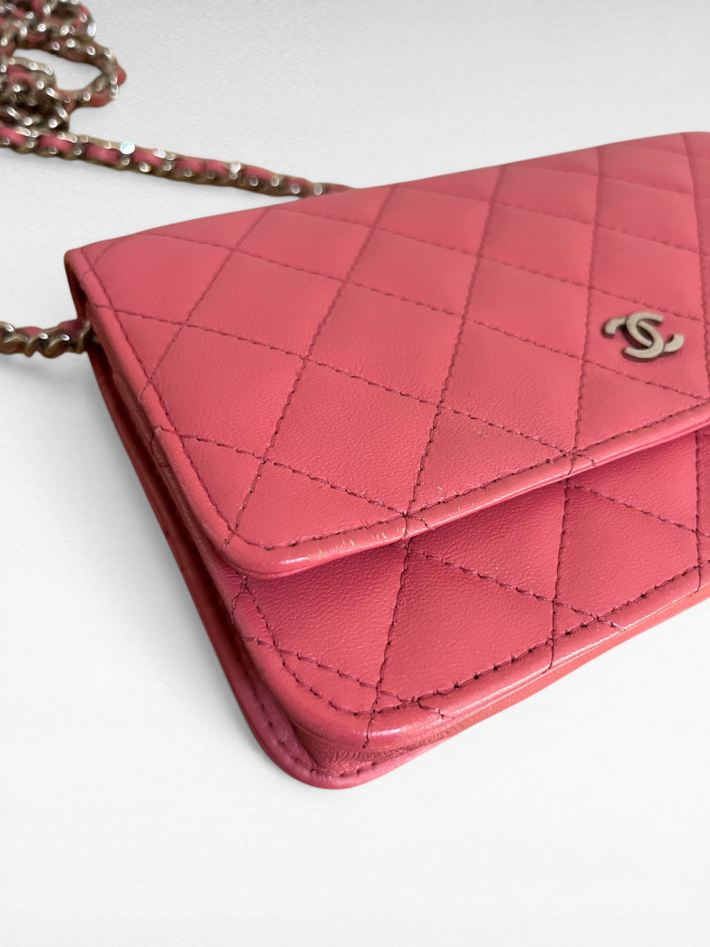 Chanel Lambskin Classic Wallet On Chain Pink Silver Hardware