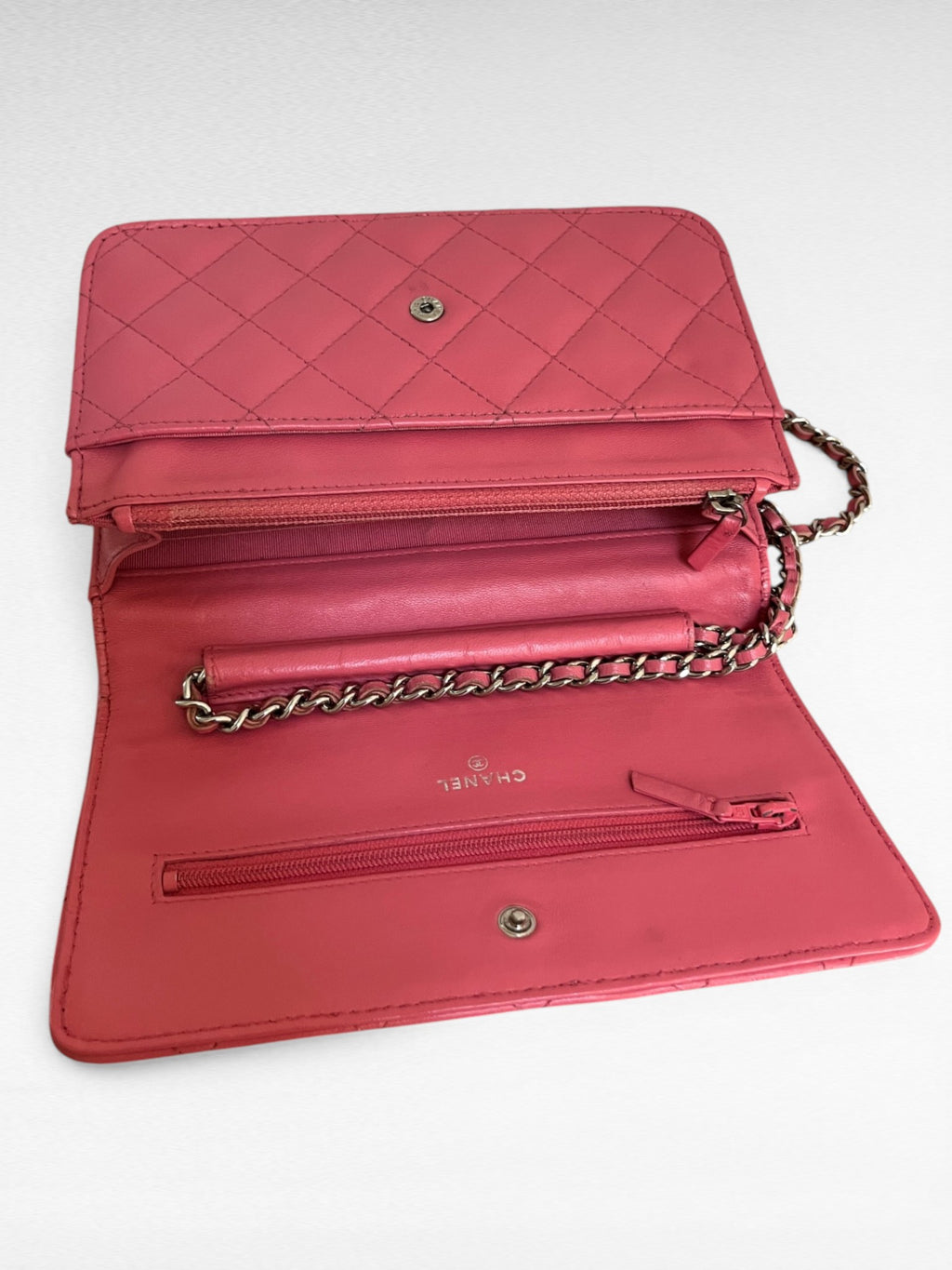 Chanel Lambskin Classic Wallet On Chain Pink Silver Hardware