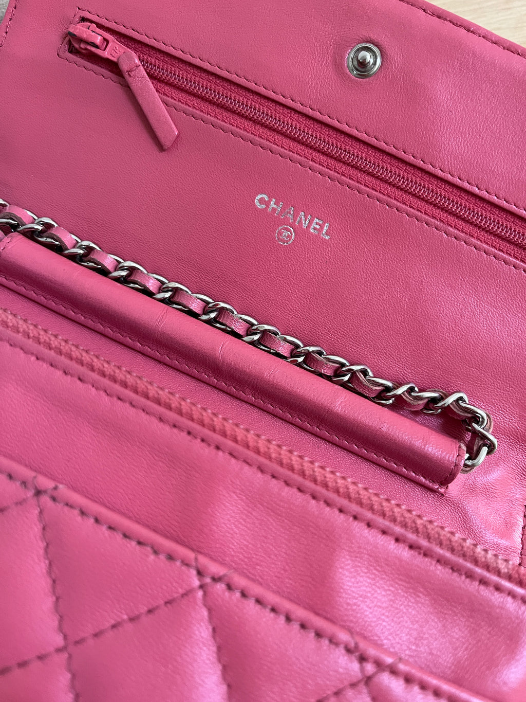 Chanel Lambskin Classic Wallet On Chain Pink Silver Hardware