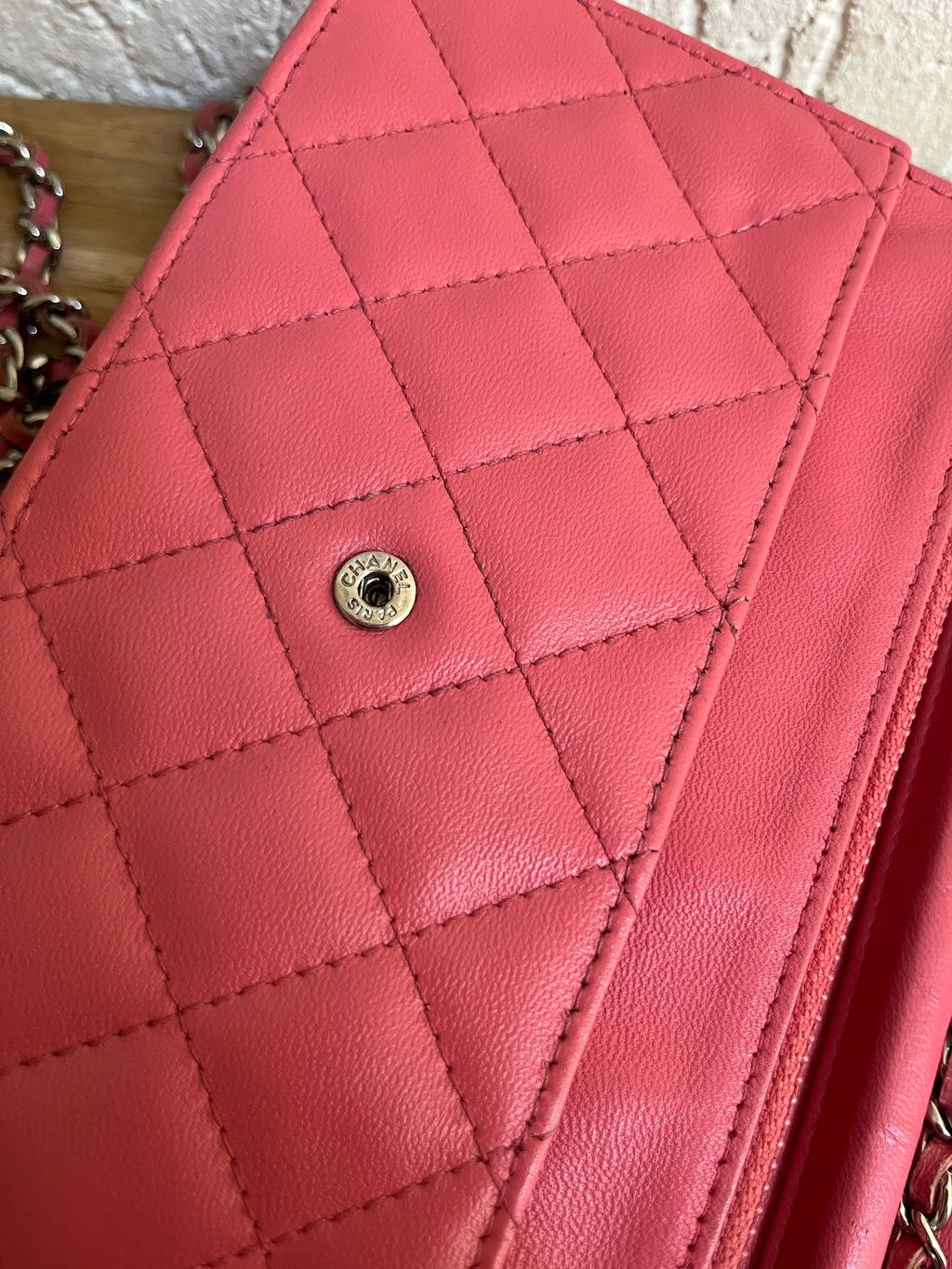 Chanel Lambskin Classic Wallet On Chain Pink Silver Hardware