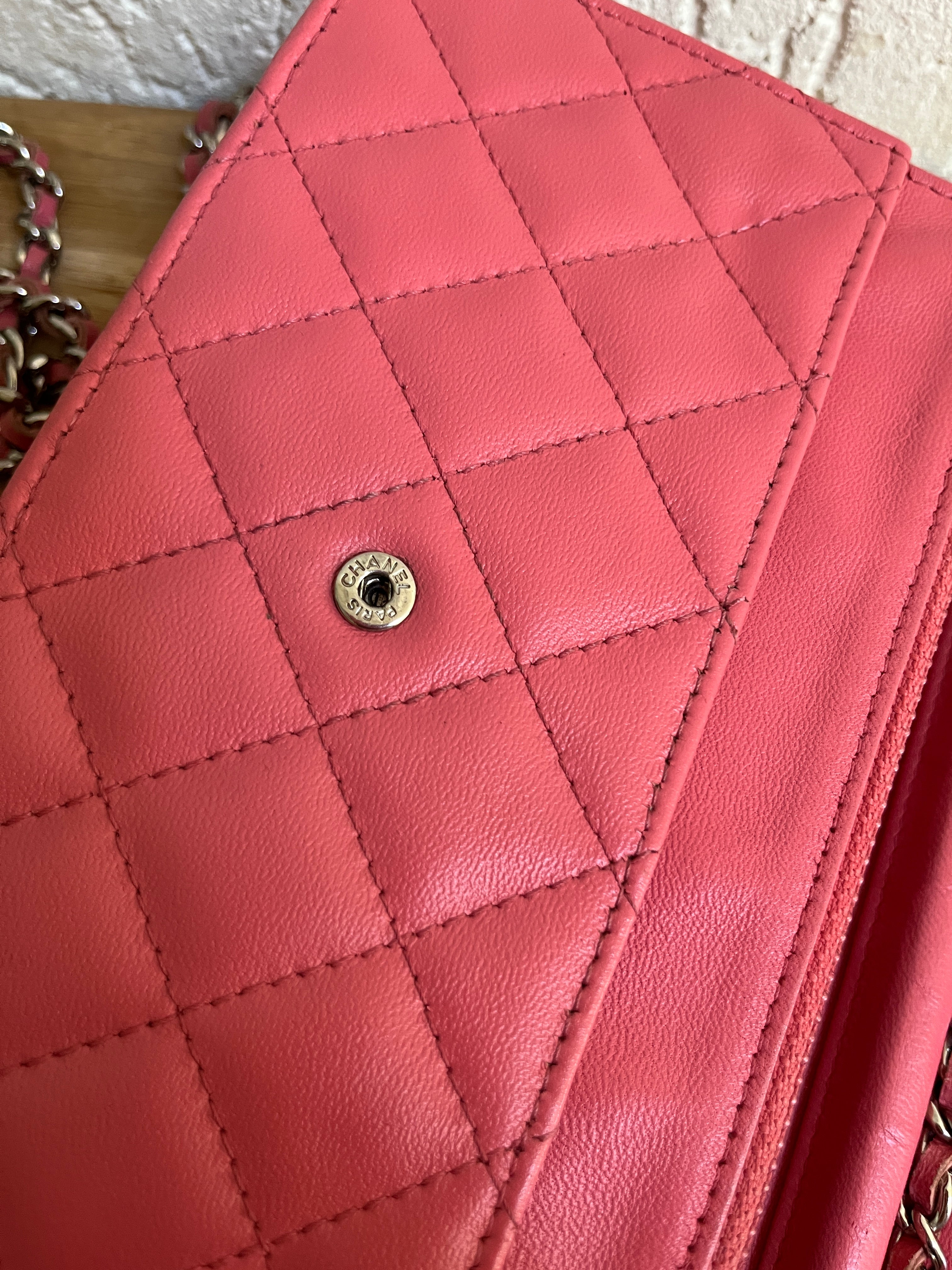 Chanel Lambskin Classic Wallet On Chain Pink Silver Hardware