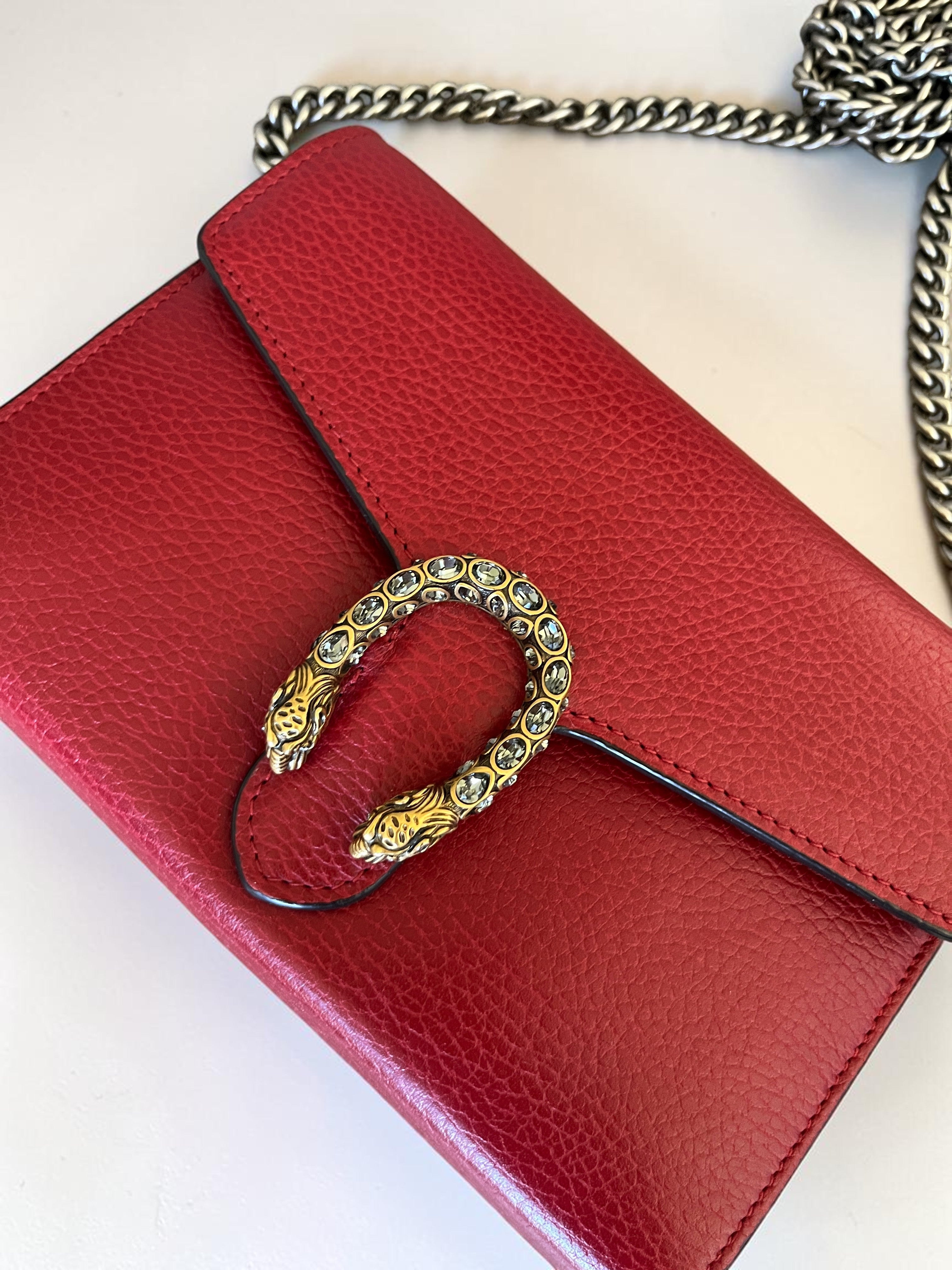 Gucci Dionysus Red Burgundy Leather Wallet On Chain