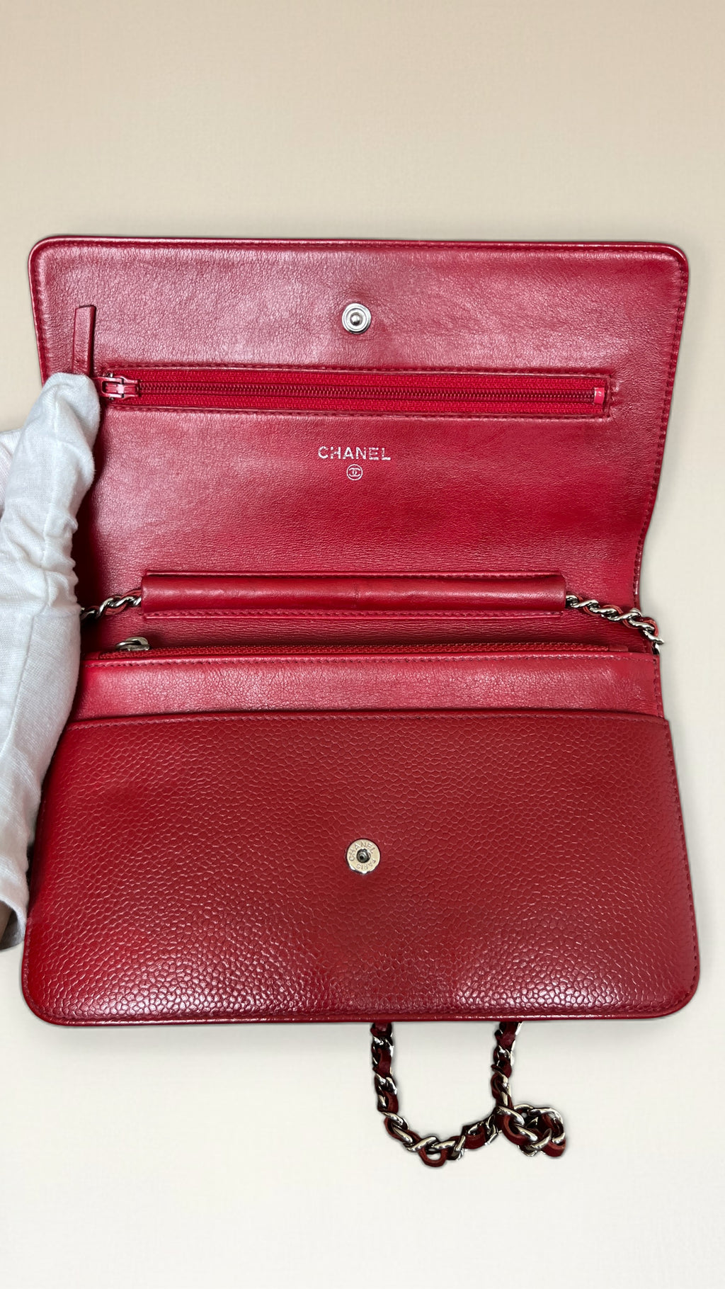 2012 Chanel Coco Mark Wallet On Chain In Red Caviar Leather