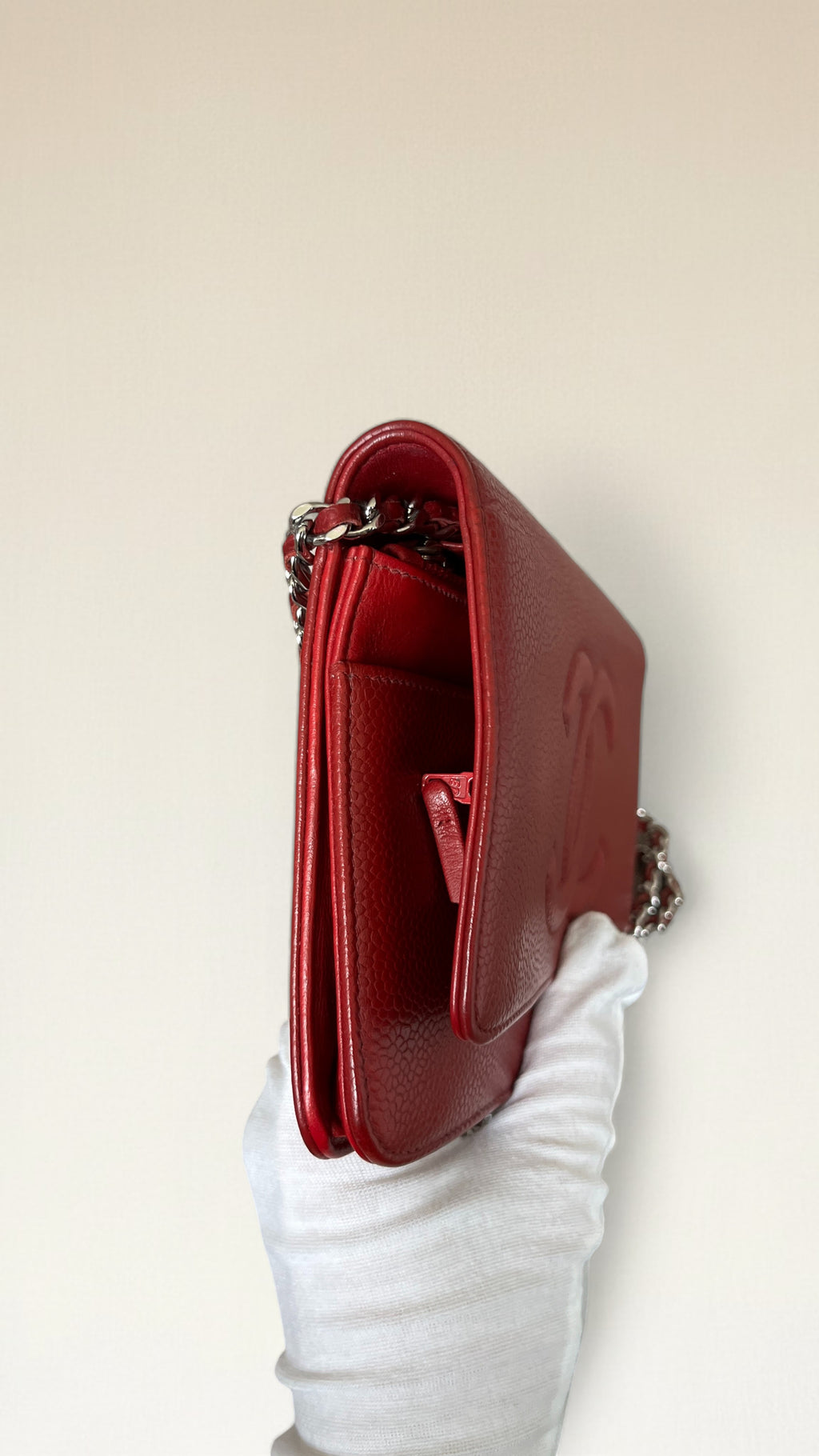 2012 Chanel Coco Mark Wallet On Chain In Red Caviar Leather